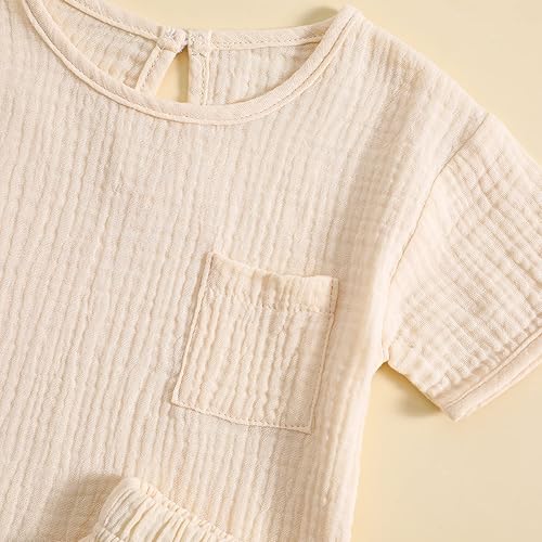 Vista 4 de Conjunto de 2 piezas de camiseta de algodón y lino de manga corta y pantalones cortos elásticos, 2 piezas, ropa casual de verano