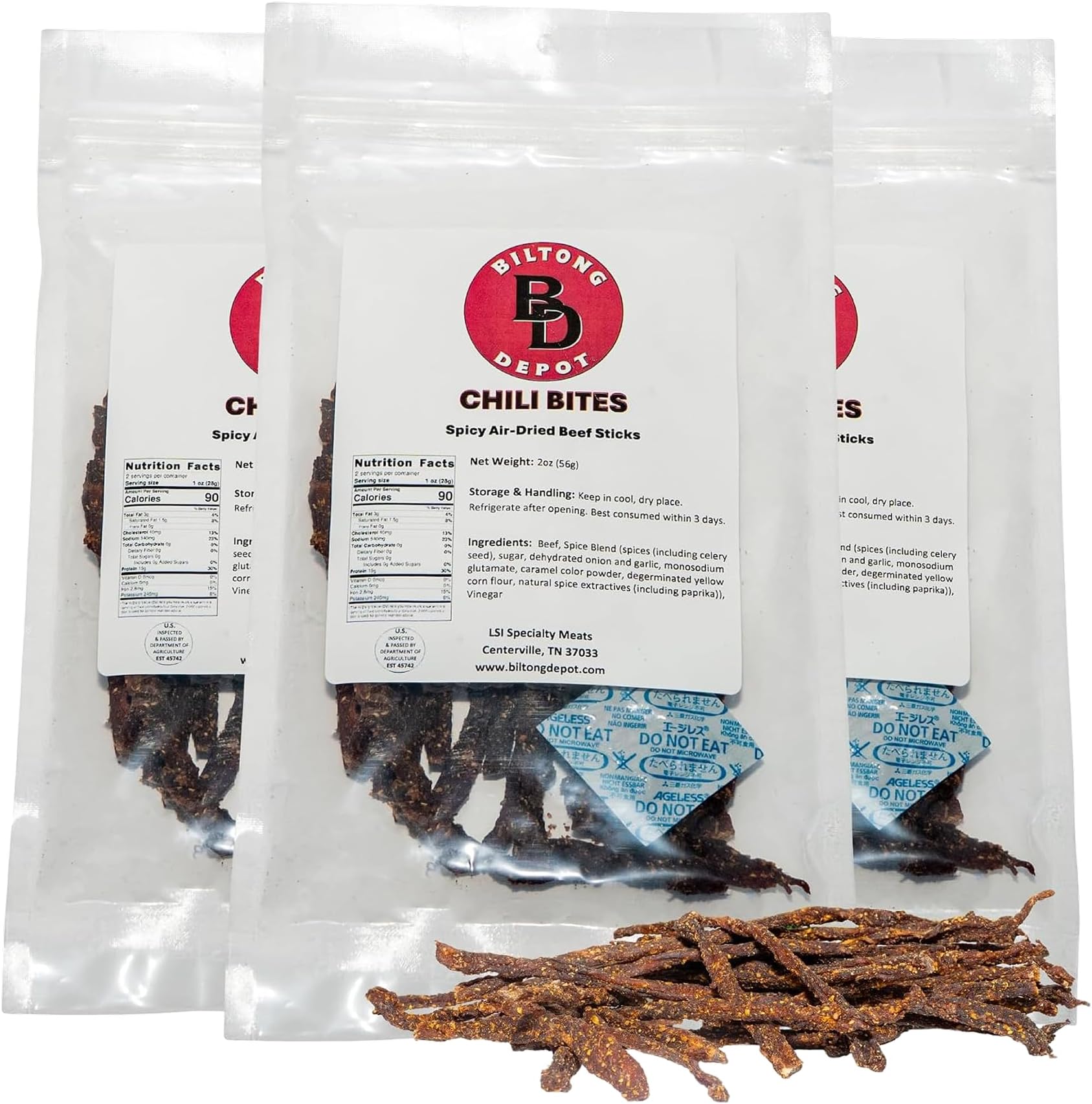 Biltong Depot Chili Bites Thin Sliced Air-Dried Beef Sticks, 2oz, 3 Pack | High Protein, Zero Sugar, Gluten Free, Keto & Paleo Friendly, Spicy Beef Jerky Snack