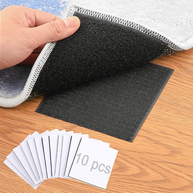 Rug Anchors Carpet Hook and Loop Non-slip Mat Anti-skid Stickers Square (10PCS, Black)