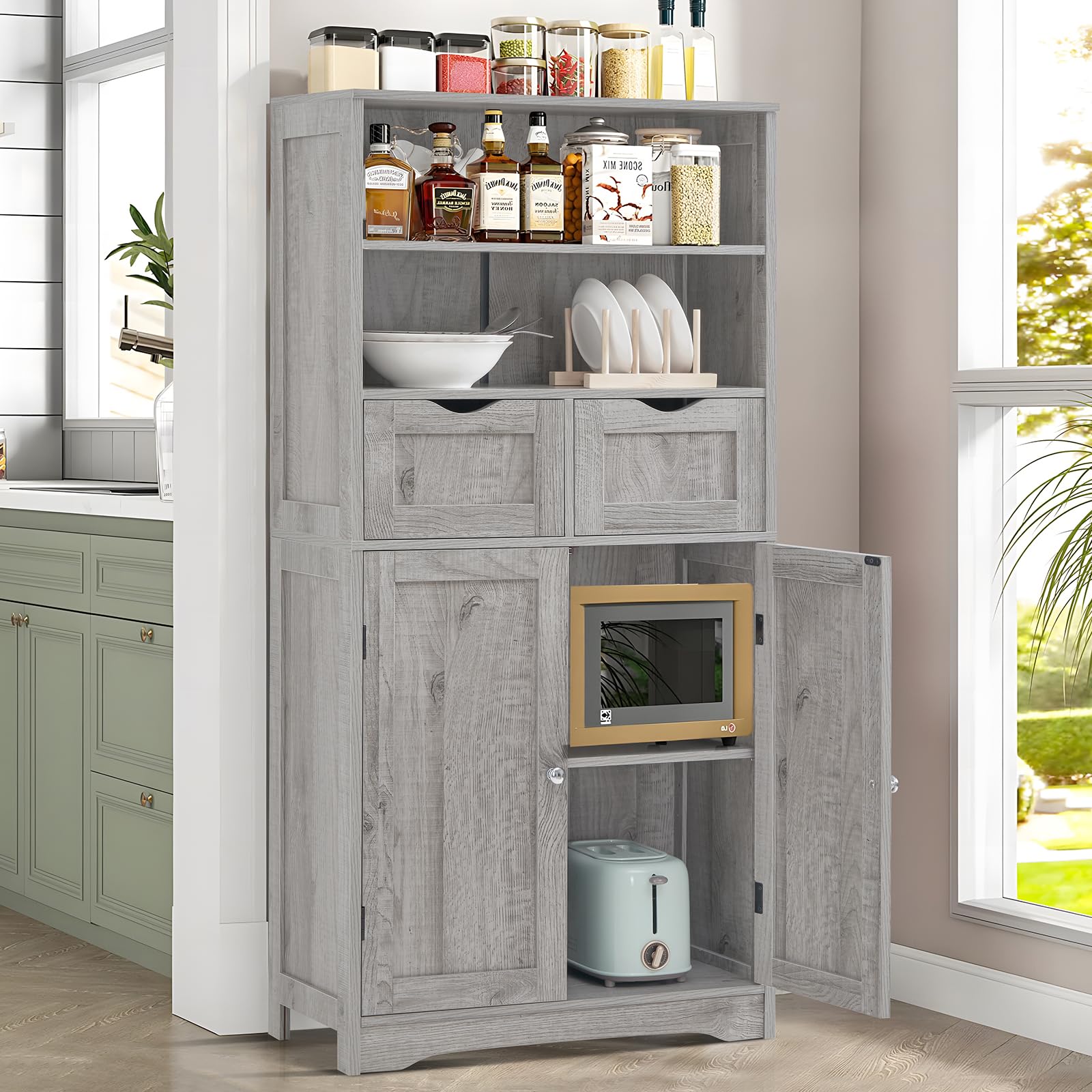 Armario de almacenamiento alto con 2 cajones y estante ajustable, armario de baño con puertas, armario, armarios de cocina para sala de estar, comedor, entrada, gris 4