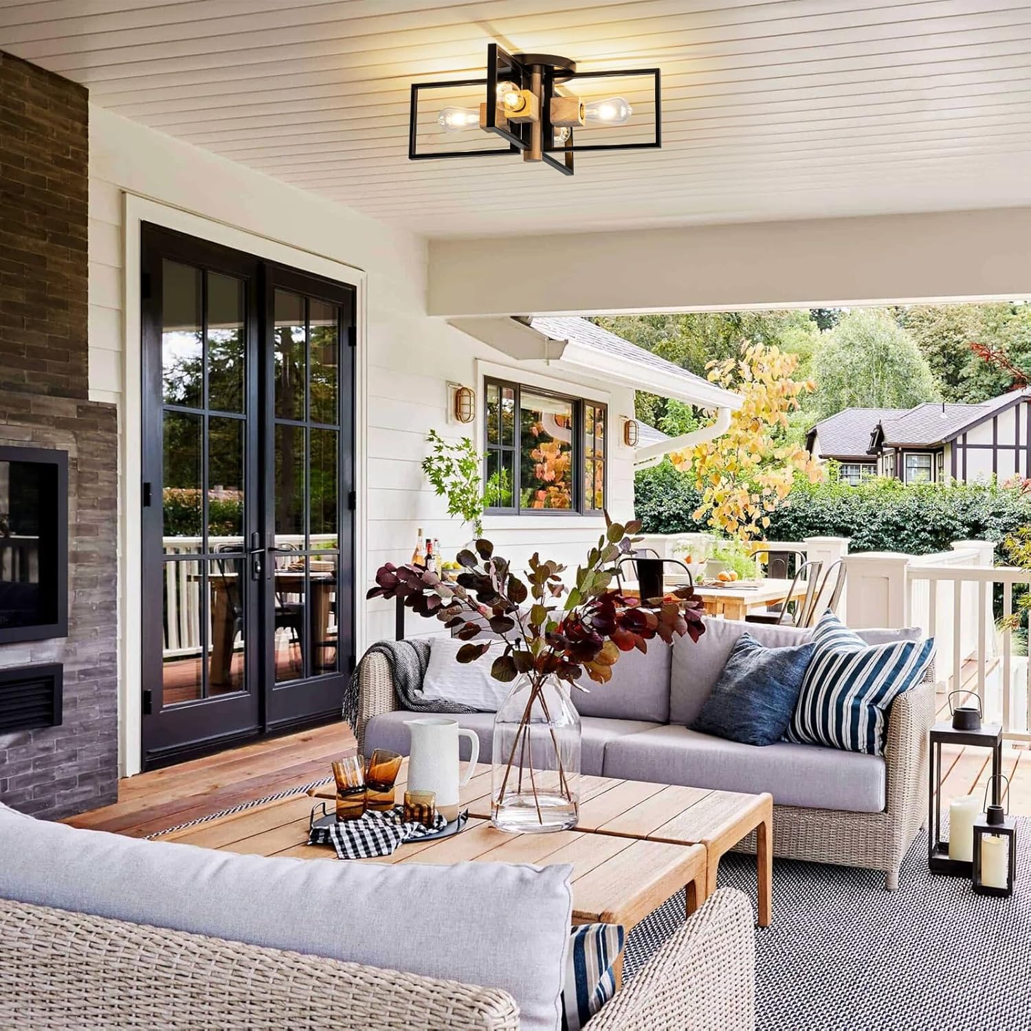 Industrial Ceiling Light Black 4 Light Semi Flush Mount Lights Wood Sputnik Light Fixture 24" Farmhouse Ceiling Light for Kitchen Bedroom Bathroom Foyer Hallway E26