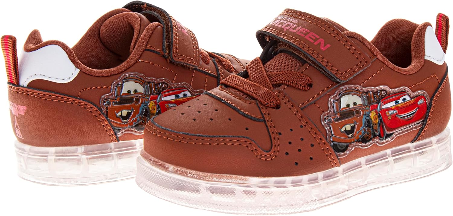 Disney Pixar Cars Sneakers Lightning McQueen Tow Mater Shoe LED Light Up Laceless Breathable Athletic Shoes Mater Rust Brown- Size 5-10 Toddler 11-12 Little Kid