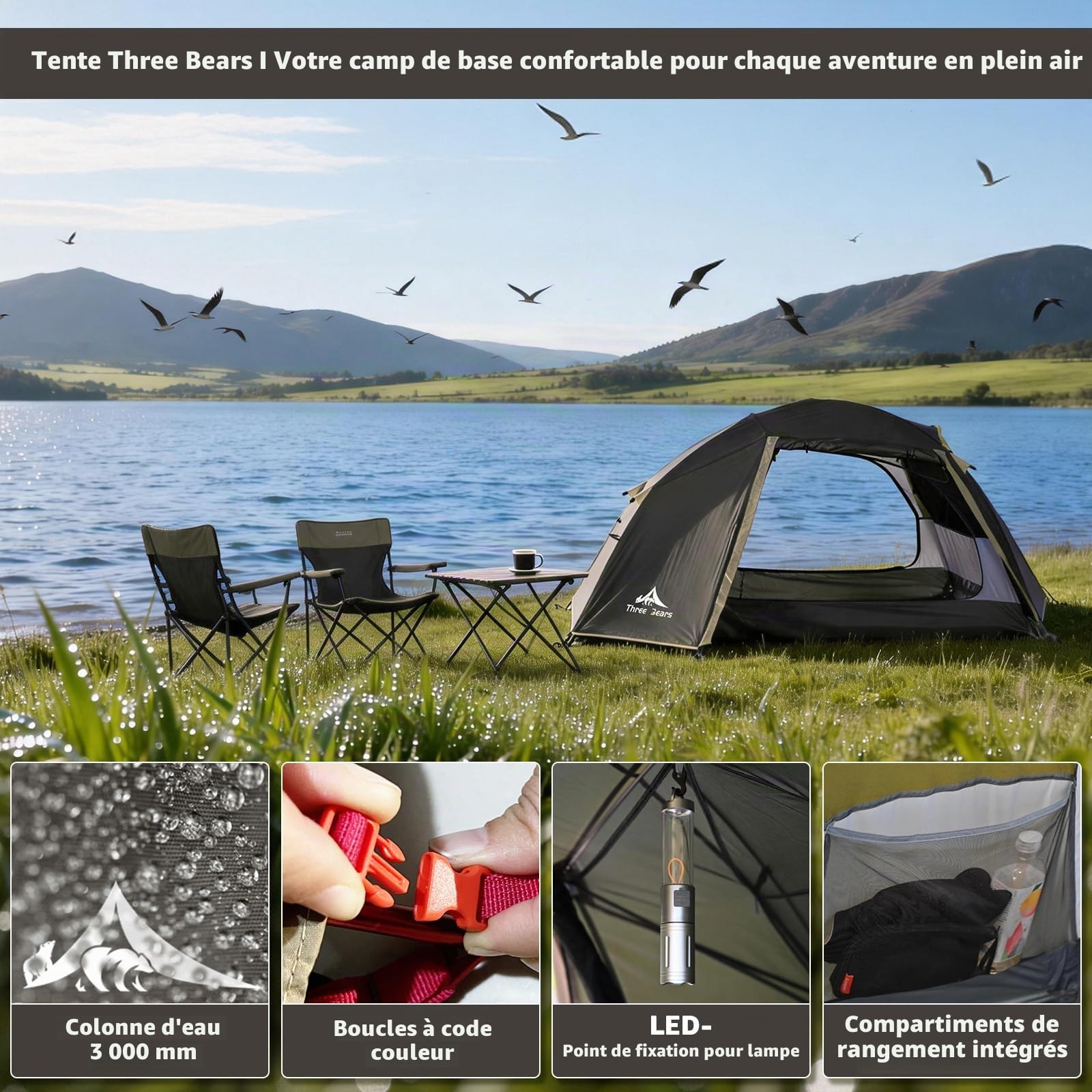 ThreeBears Tente de Camping pour 2 Personnes, imperméable et Coupe-Vent, légère, idéale pour la randonnée, Le Camping, l'alpinisme et Les Voyages - Durable et Facile à Installer