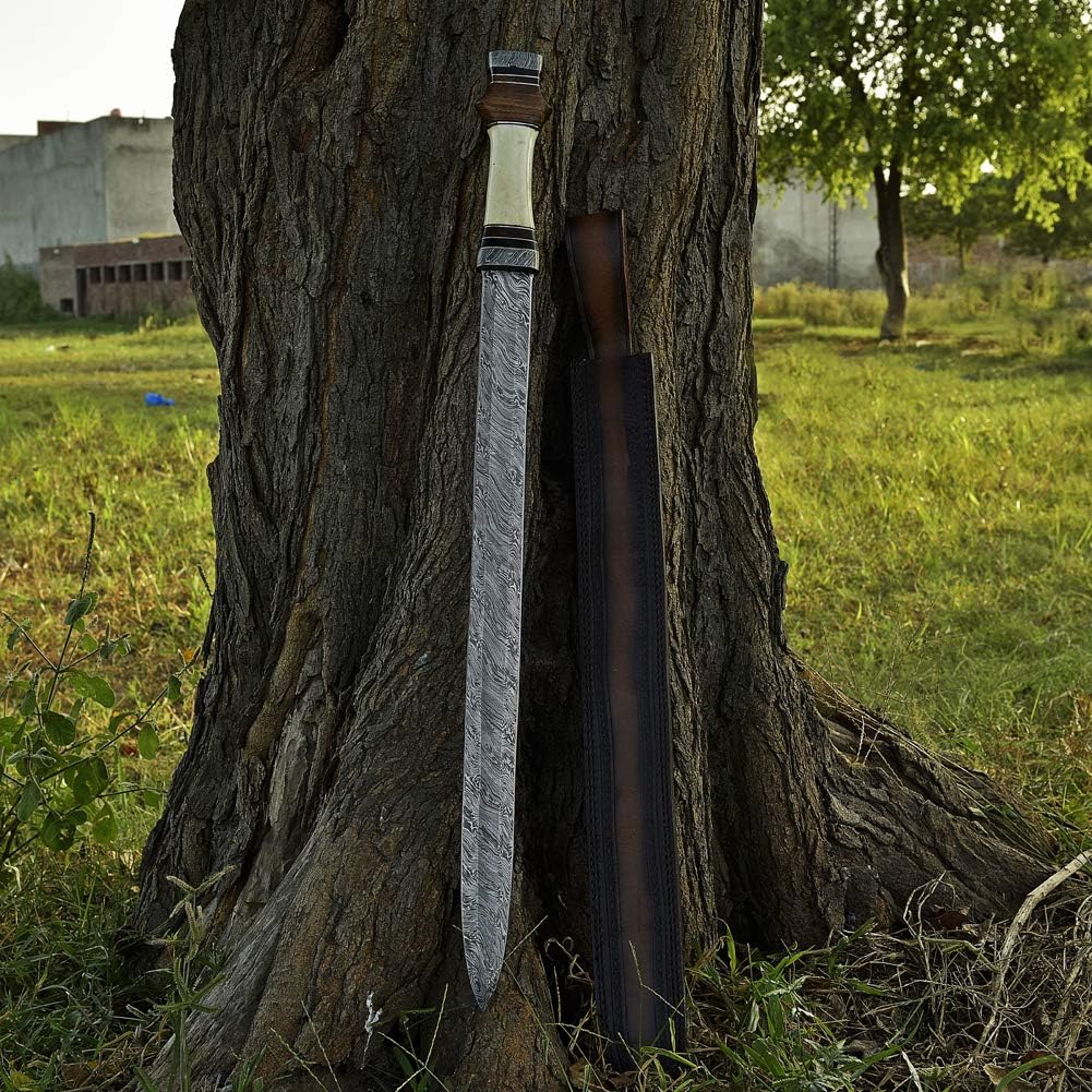Armory Replicas™ Roman Infantry Army Spatha Damascus Steel Sword – Handcrafted Firestorm Pattern Blade, 30.5 Inch Authentic Replica with Bone & Olive Wood Handle