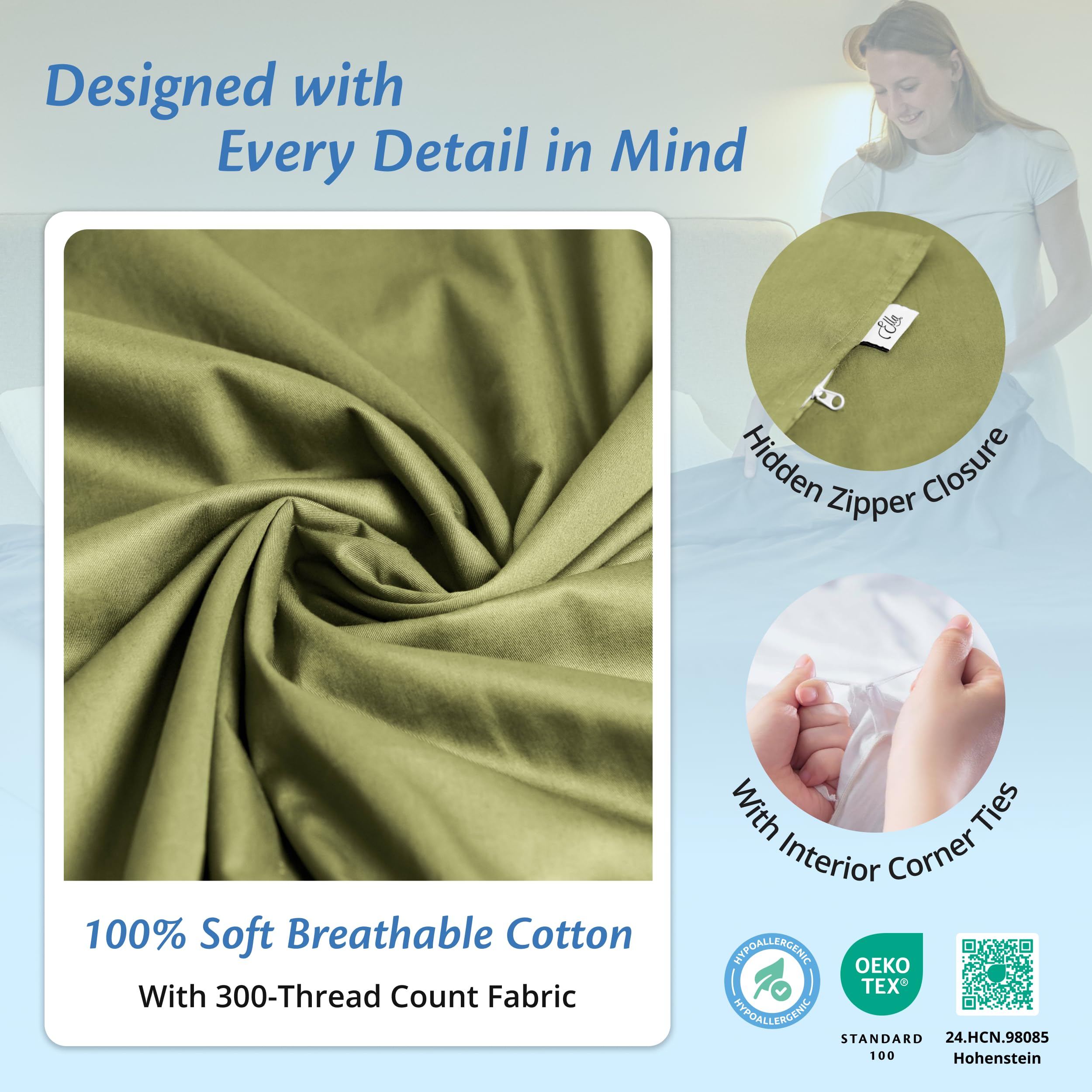 Ella Copripiumino 150 x 200 cm per coperta pesante, realizzato in 100% cotone, adatto per coperte da 7 kg e 9 kg, verde oliva chiaro