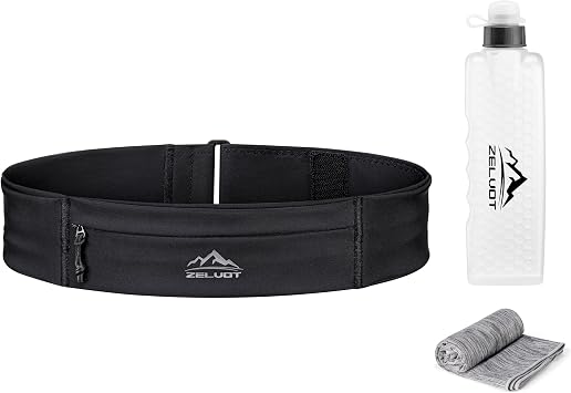 Zelvot Running Belt with 355ml Water Bottle, Extension Strap & Phone Holder, Adjustable Running Fanny Pack with Gym Towel, Waterproof Belt Bag for Women Men for Jogging Hiking Marathon Black, Medium