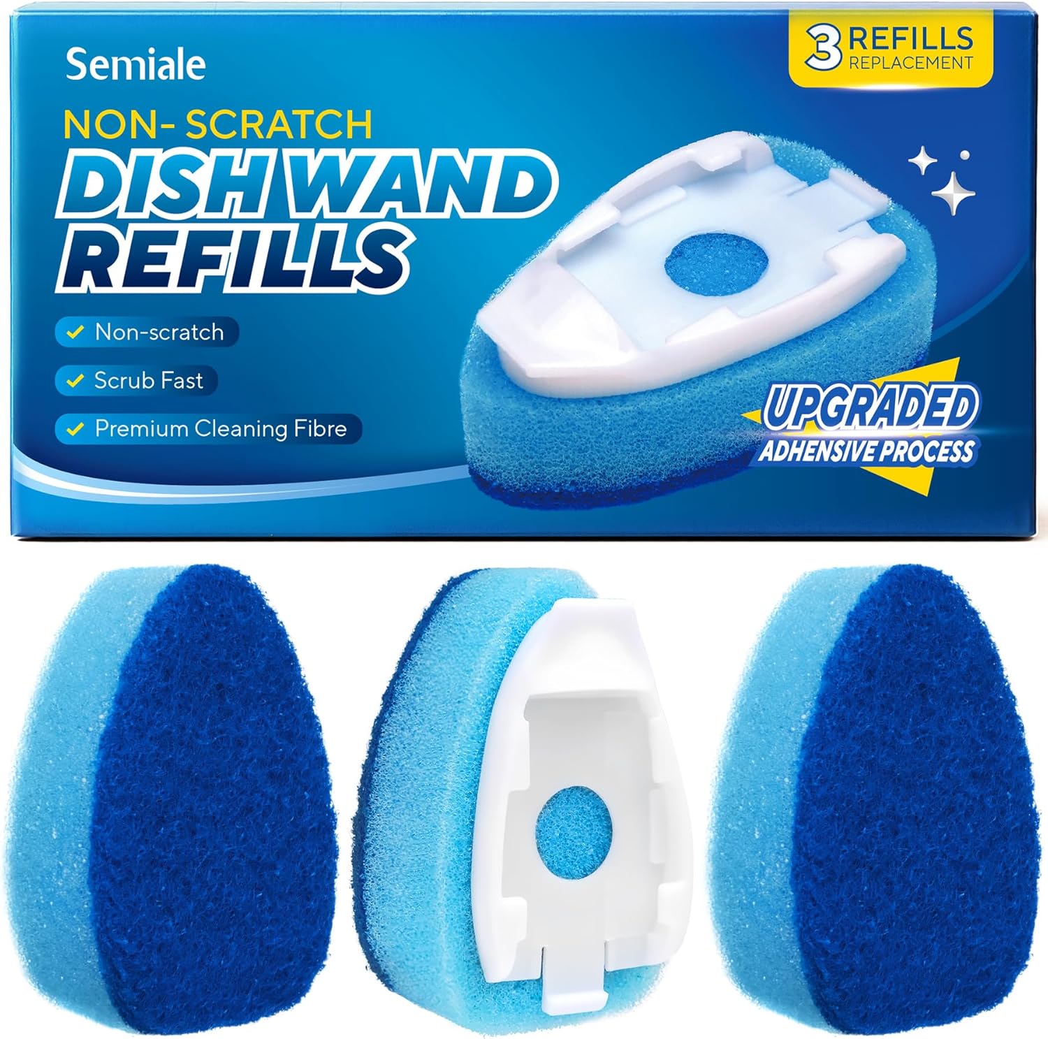 Non Scratch Dishwand Refills Sponge Heads, Heavy Duty Scrub Brush Sponges, Soap Dispensing Scrubbers, Common Compatible Dish Wand Refill Head Replacements for Kitchen Sink Dishwashing Cleaning 3pcs