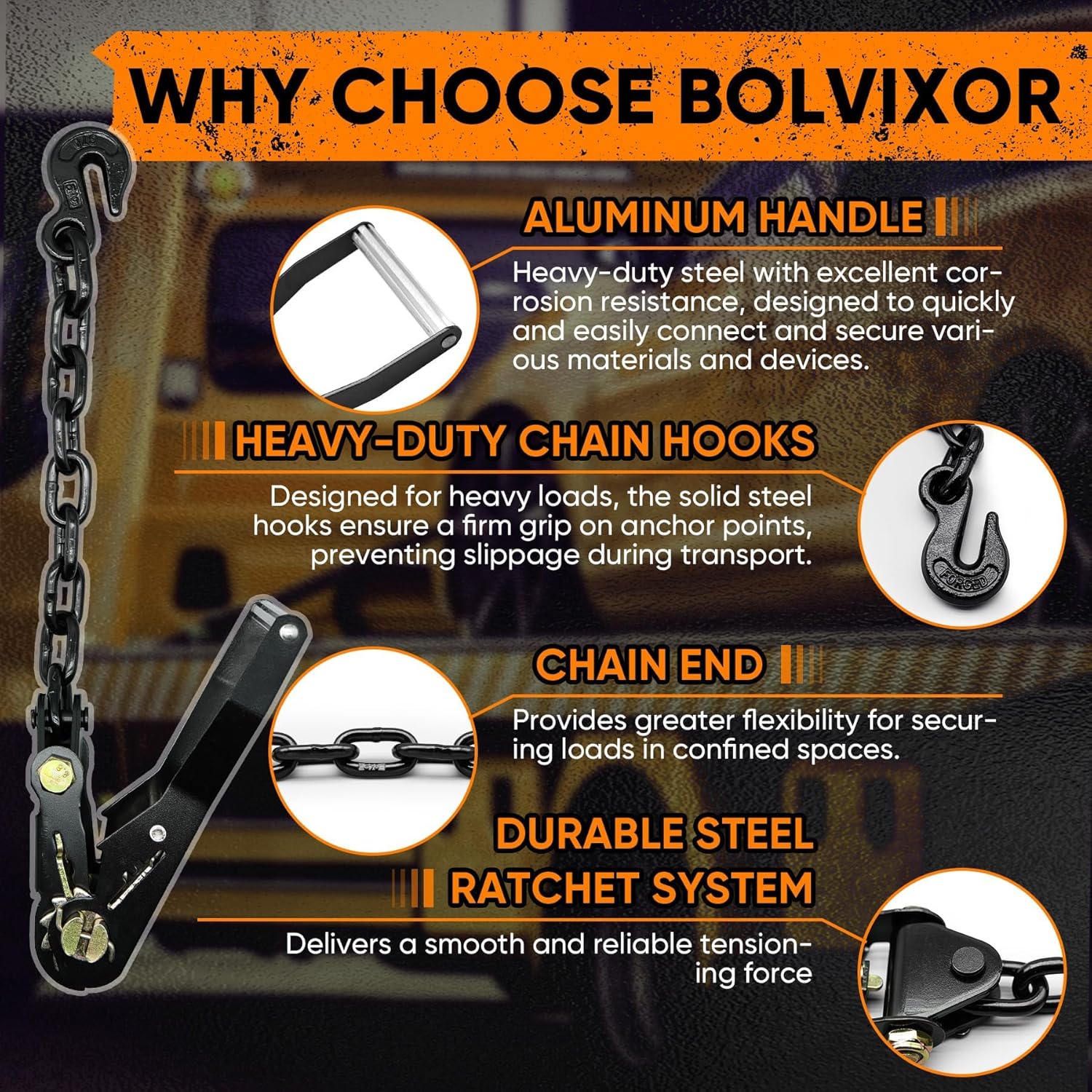 4 Pack Car Tie Down Straps for Trailers - 2" x 96" - 9900LBS Break Strength - Tire Ratchet Straps with Heavy Duty Chain Anchors for Hauling UTV, SUV, Truck, Any Cars - Image 3