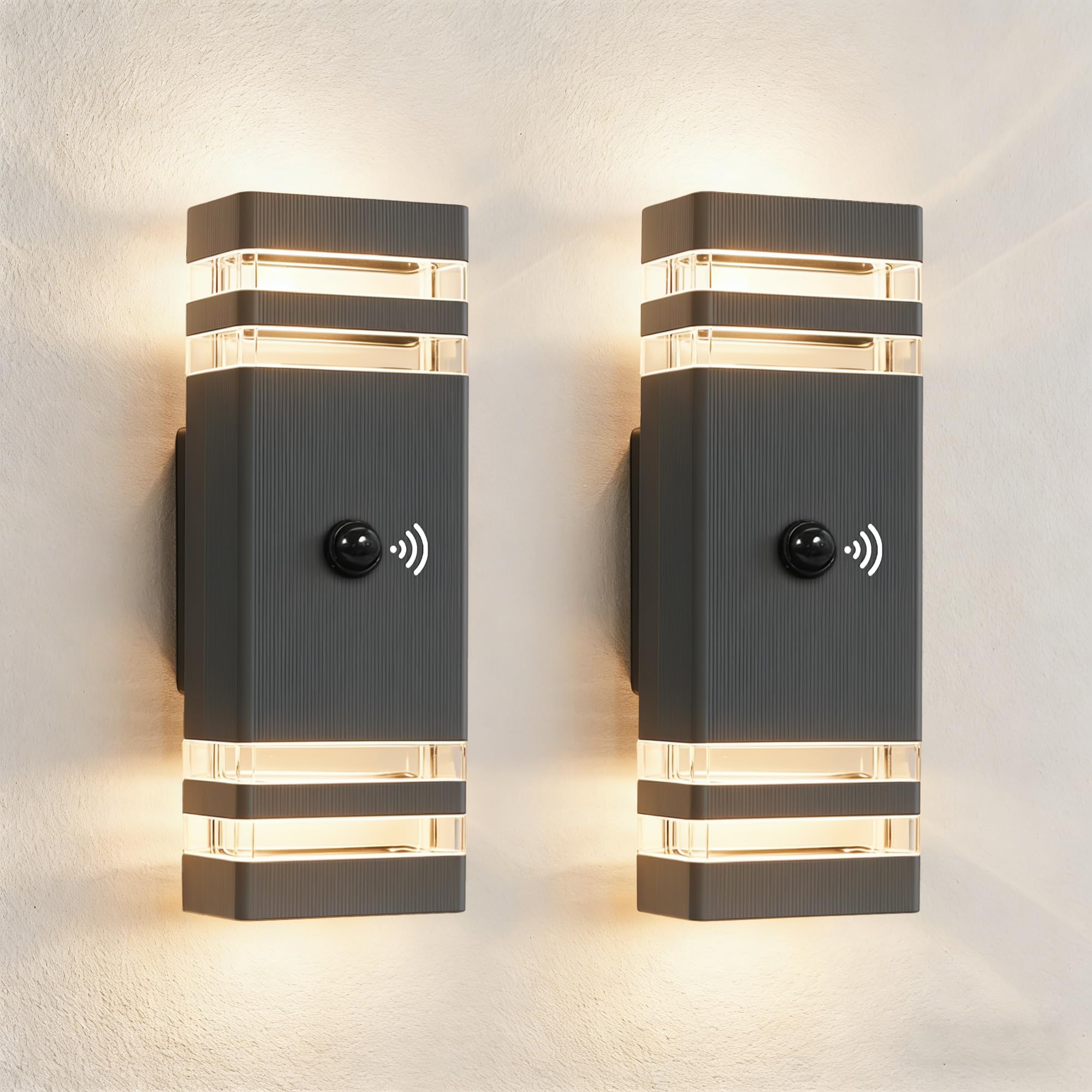 JNR 2 Stück LED Außenlampe mit PIR Bewegungsmelder, IP54 Up Down Wasserdichte Außenleuchte mit Bewegungsmelder 230V, Aussenlampe inkl. 2x5W GU10 3000K Warmweiß Glühbirne, Wandleuchte, Anthrazit Grau