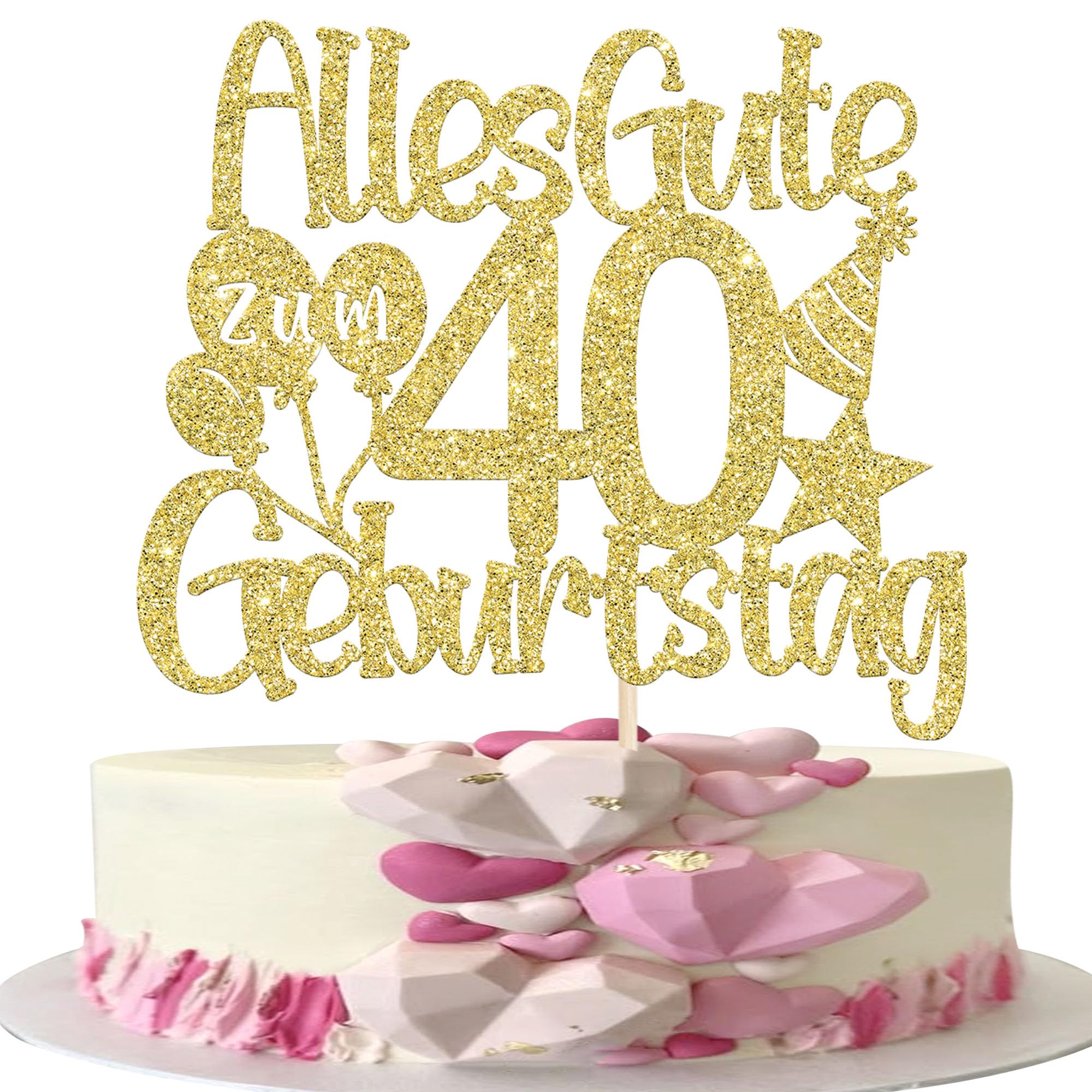 1 Stück 40th Geburtstag Tortendeko Alles Gute zum 40 Geburtstag Kuchen Deko Luftballon Hut Muster Cake Topper für 40th Jahrestag Party Kuchen Dekoration Gold