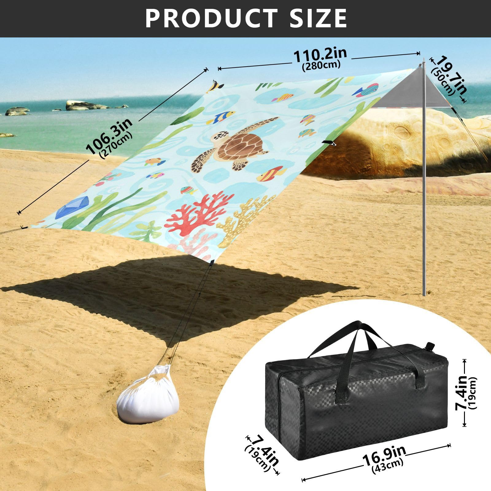 Acquerello Kid Style Tartaruga Animale Pesce Progettato UPF50 Tenda da Spiaggia Resistente all'acqua Portatile Sole Shelter con Tasche di Sabbia per Campeggio, Picnic, Cortile Paraguas para Playa