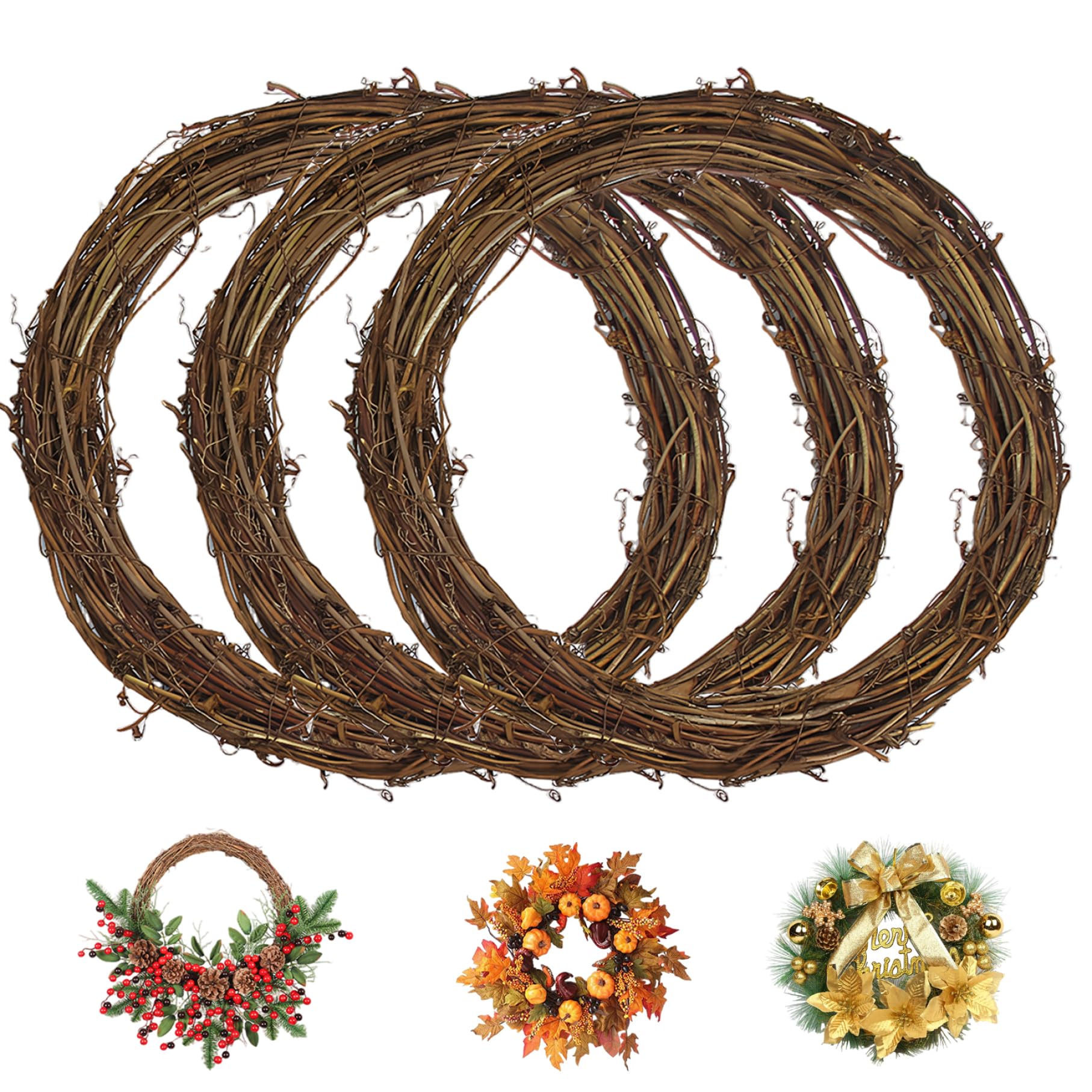 Cakeeyum 3Pcs, 35Cm 3Pcs 14 Inch Natural Grapevine Wreath Ring Diy Craft Base For Seasonal Decor Christmas Wreath Form For Front Door Ring Grapevine Twig Form Grape Vine Wreaths For Crafts Front Door Christ