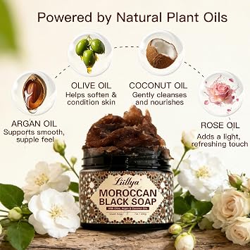 Moroccan Black Soap, Traditional Beldi Soap with Olive, Argan, Coconut & Rose Oils, Exfoliating Body Cleanser for Hammam Spa Routine, Deep Cleansing Paste for Soft Smooth Skin, 7oz/200g