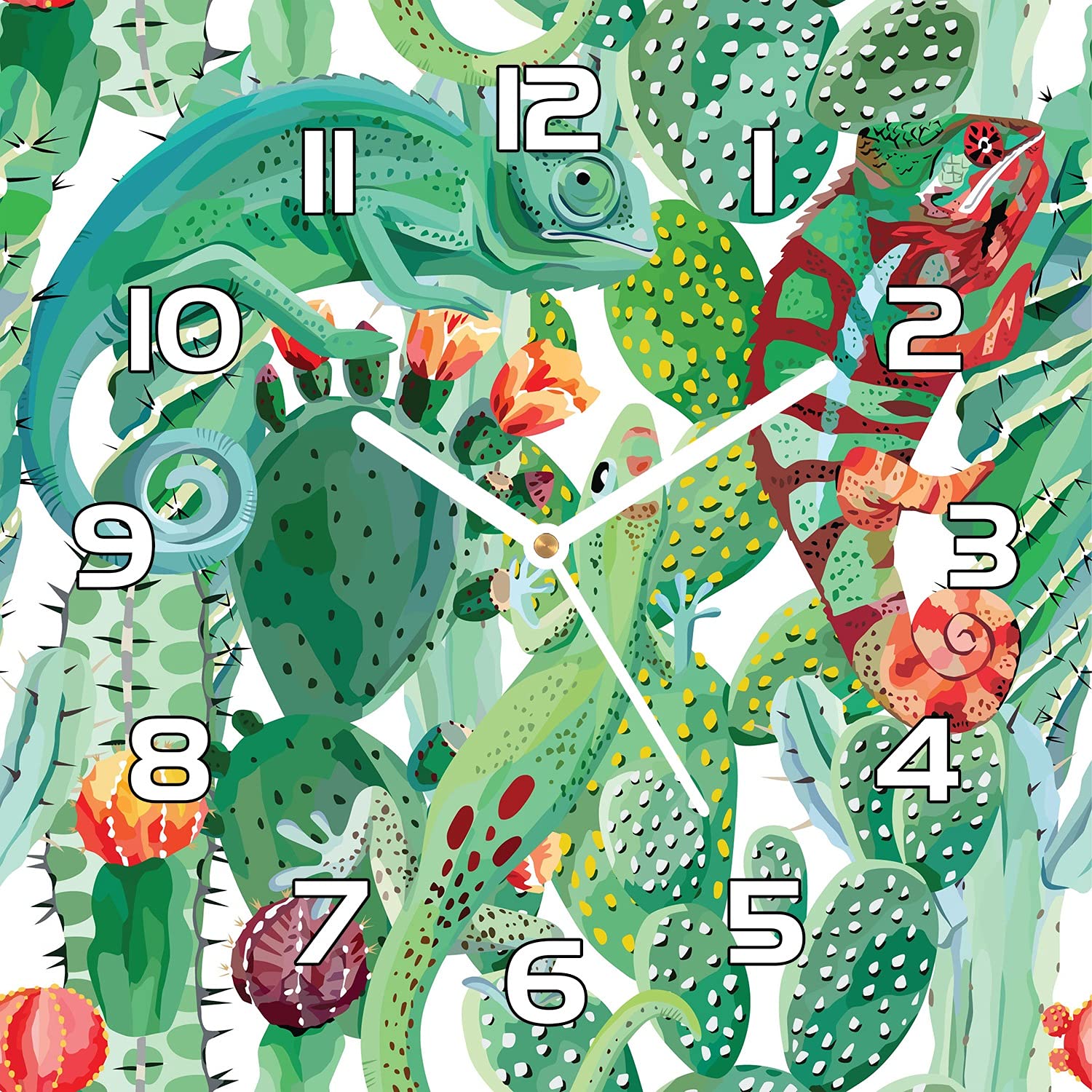 Horloge en verre 30x30 cm moderne avec motif caméléons et aiguilles noires