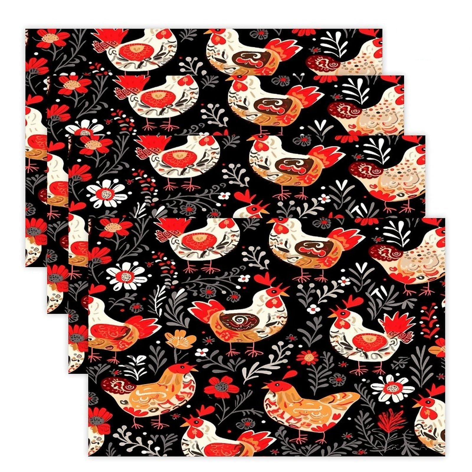 Cute Rooster Chickens Placemats Non-Slip Heat Resistant Table Mats Flax Washable Cloth Place Mats Easy to Clean Premium Placemat for Kitchen Dining Table Decor Party Outdoor