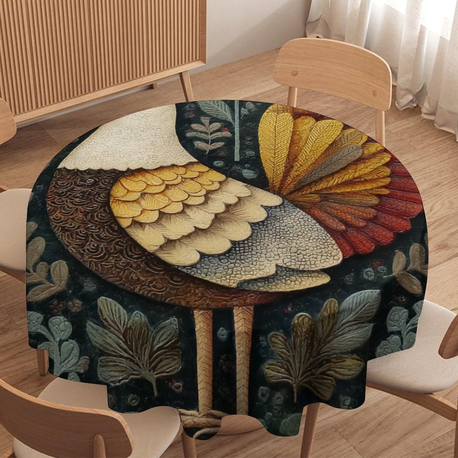 LUYYSKY Beautiful Retro Roosters Waterproof Round Tablecloth Modern Art Animals Chickens Botanical Plants Flowers Pattern Washable Table Cover for Kitchen-177.8" Wx177.8 L cm