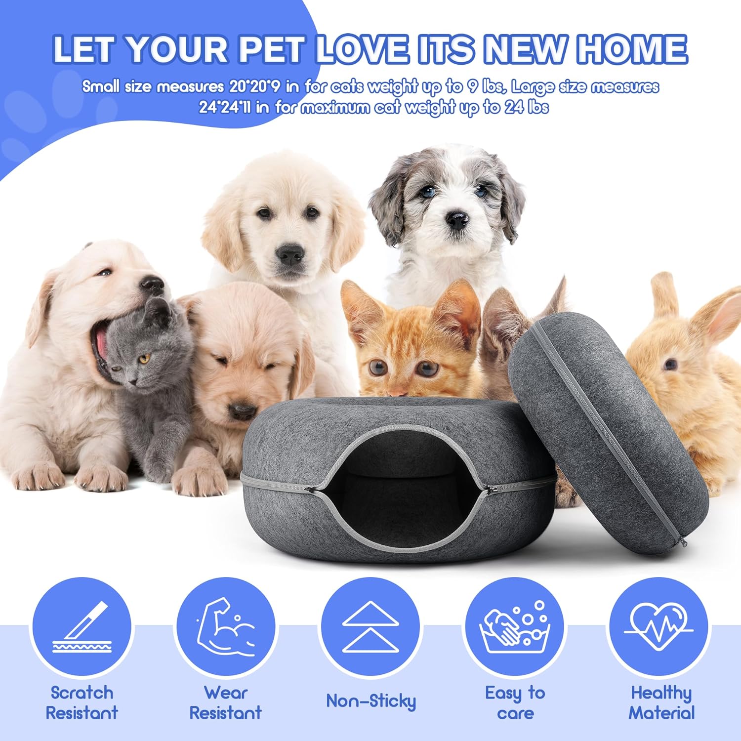 Tunnel Bed Peekaboo Cave for Multiple & Large Cats, Scratch Resistant, Washable & Detachable Round Felt Donut Tunnel up to 24 Lbs, 24" x 24" x 11", Dark Grey, 2 PCS