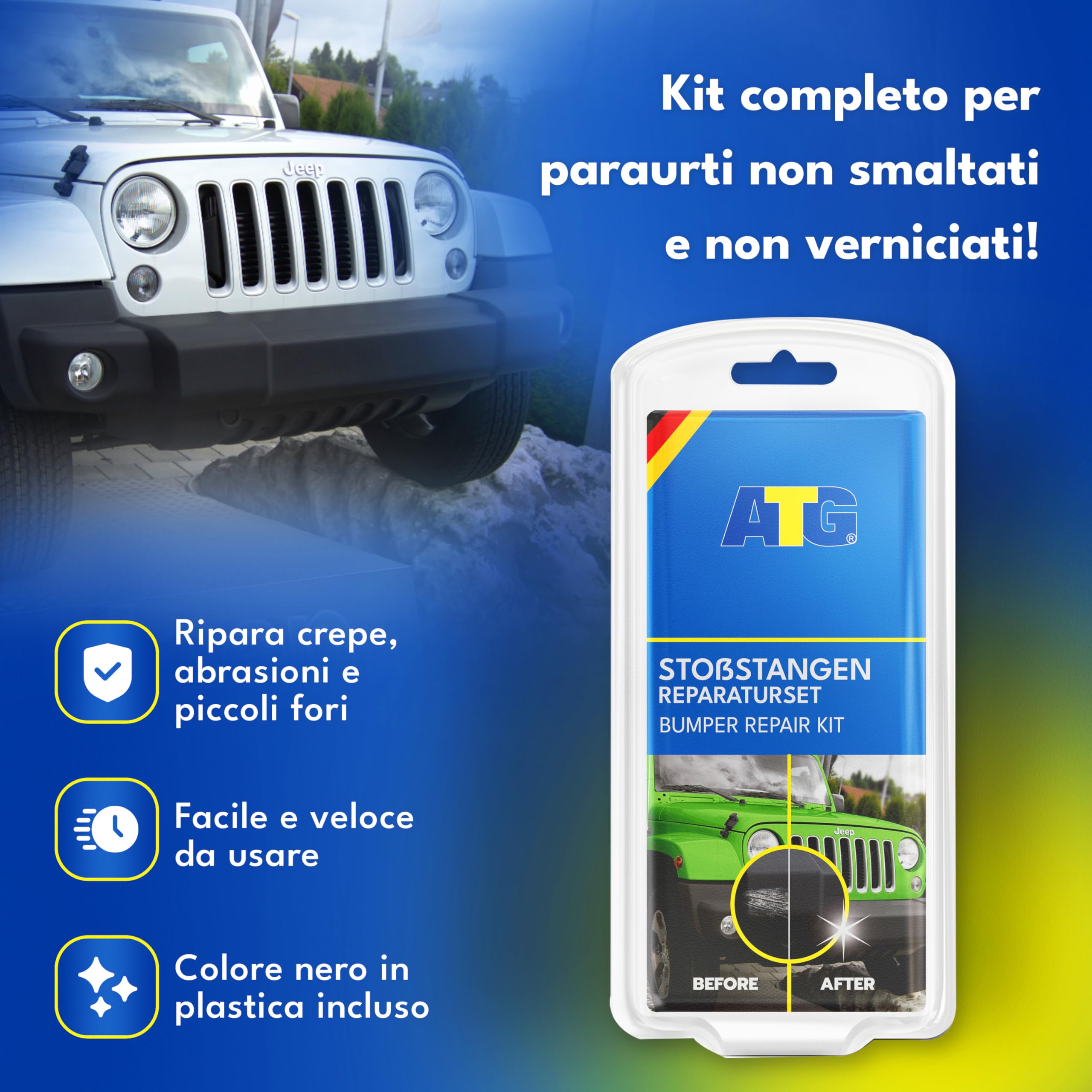 ATG® Kit Riparazione Paraurti Auto Nero – Rinnova Plastiche Auto, Rimuovi Graffi Plastica con Colore Nero e Stucco Riparazione