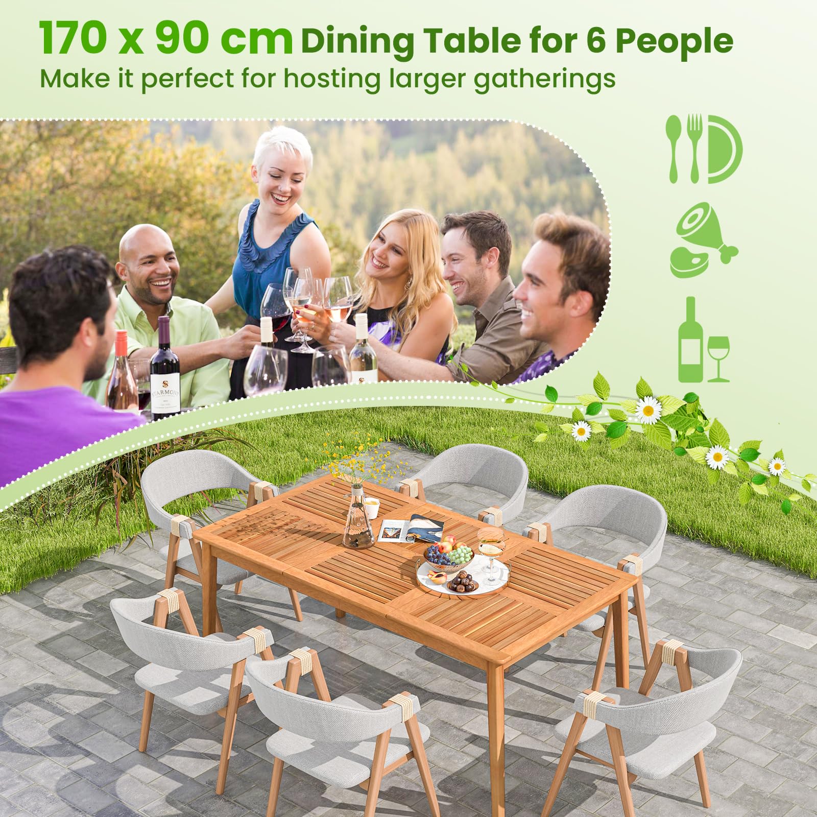 FANTASK Gartentisch aus Akazienholz, 170 x 90 cm, Outdoor Holztisch mit Schirmloch für 6 Personen, rechteckiger Esstisch, Balkontisch für Balkon, Garten, Terrasse