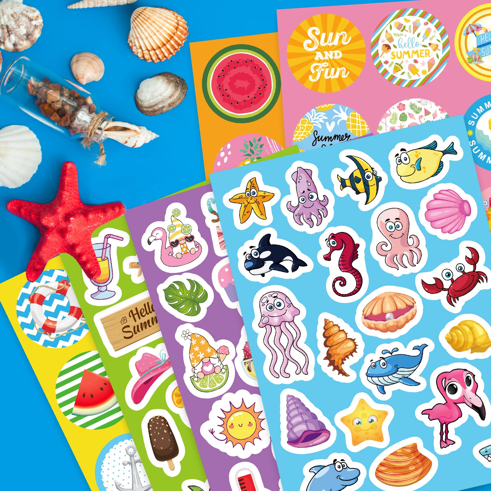 500 calcomanías de verano para niños, 30 hojas de calcomanías tropicales de playa, océano, a granel, helado, animales marinos, vacaciones, calcomanías hawaianas, manualidades, escuela 7