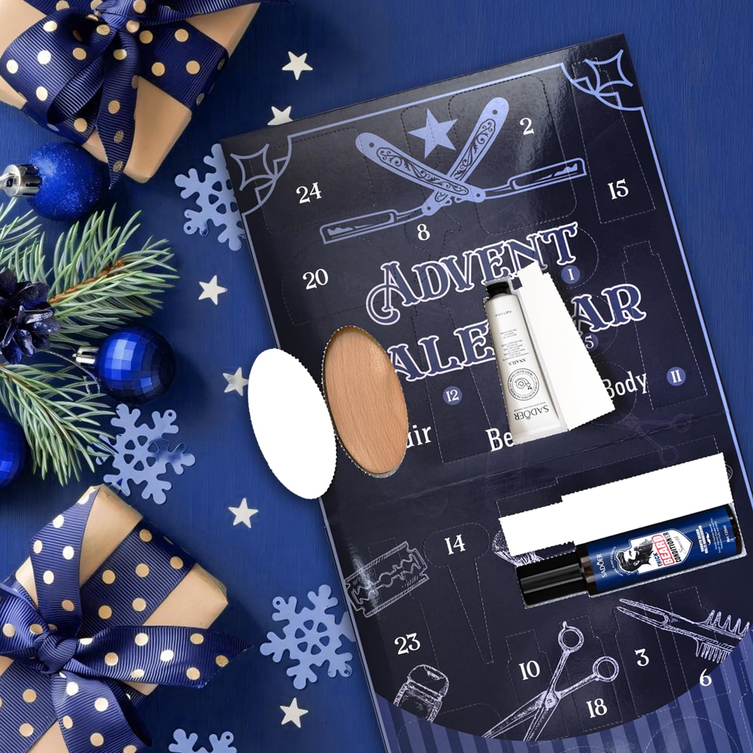 Calendrier de l'Avent 2025 pour Hommes, 24PCS kit d'entretien de la Barbe de Qualité Supérieure, Calendrier de Noël pour le Corps, le Visage, la Barbe et les Cheveux, Cadeaux de Noël pour Hommes