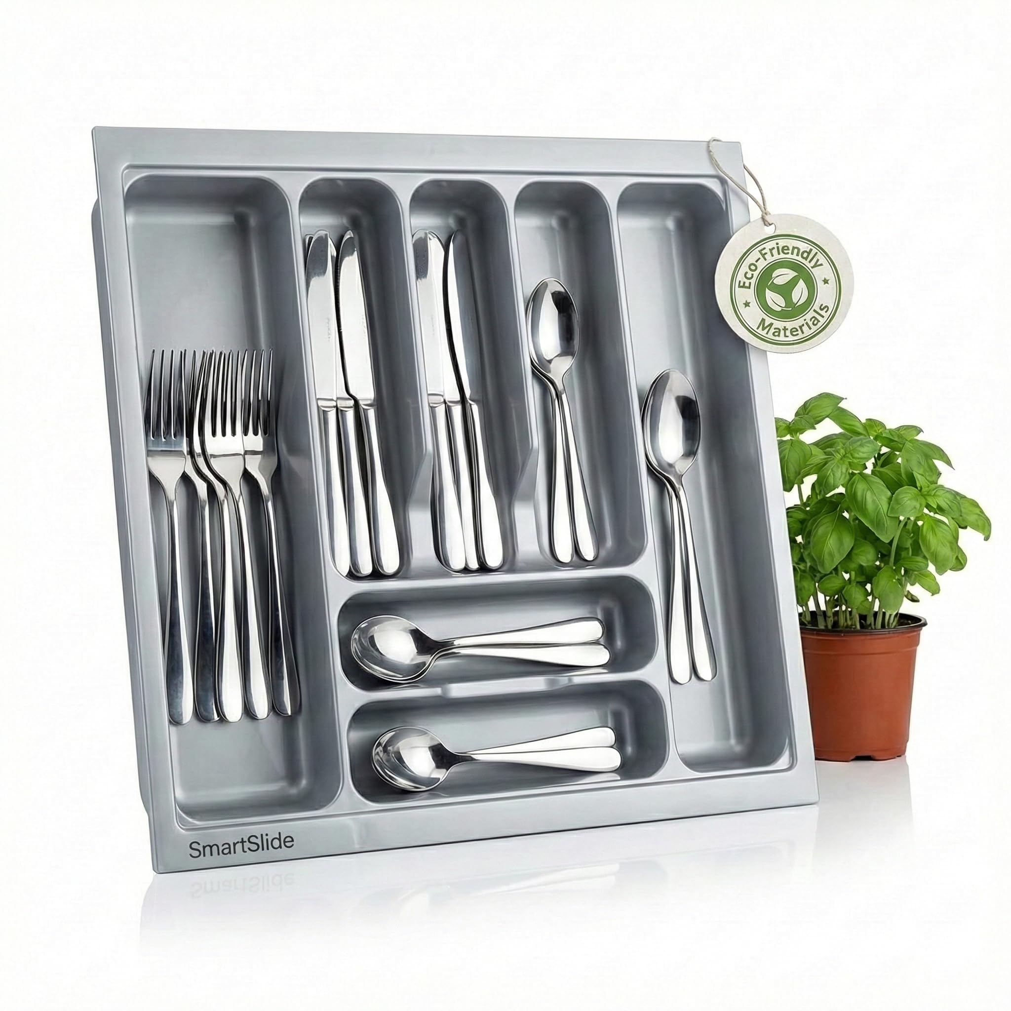 SmartSlide Polyvinyl Chloride Heavy Cutlery Tray for Kitchen Drawer/Cosmetic Stationary Organizer - Modular Basket And Trolley (530X475 mm, 21X18.7 inch, Grey)