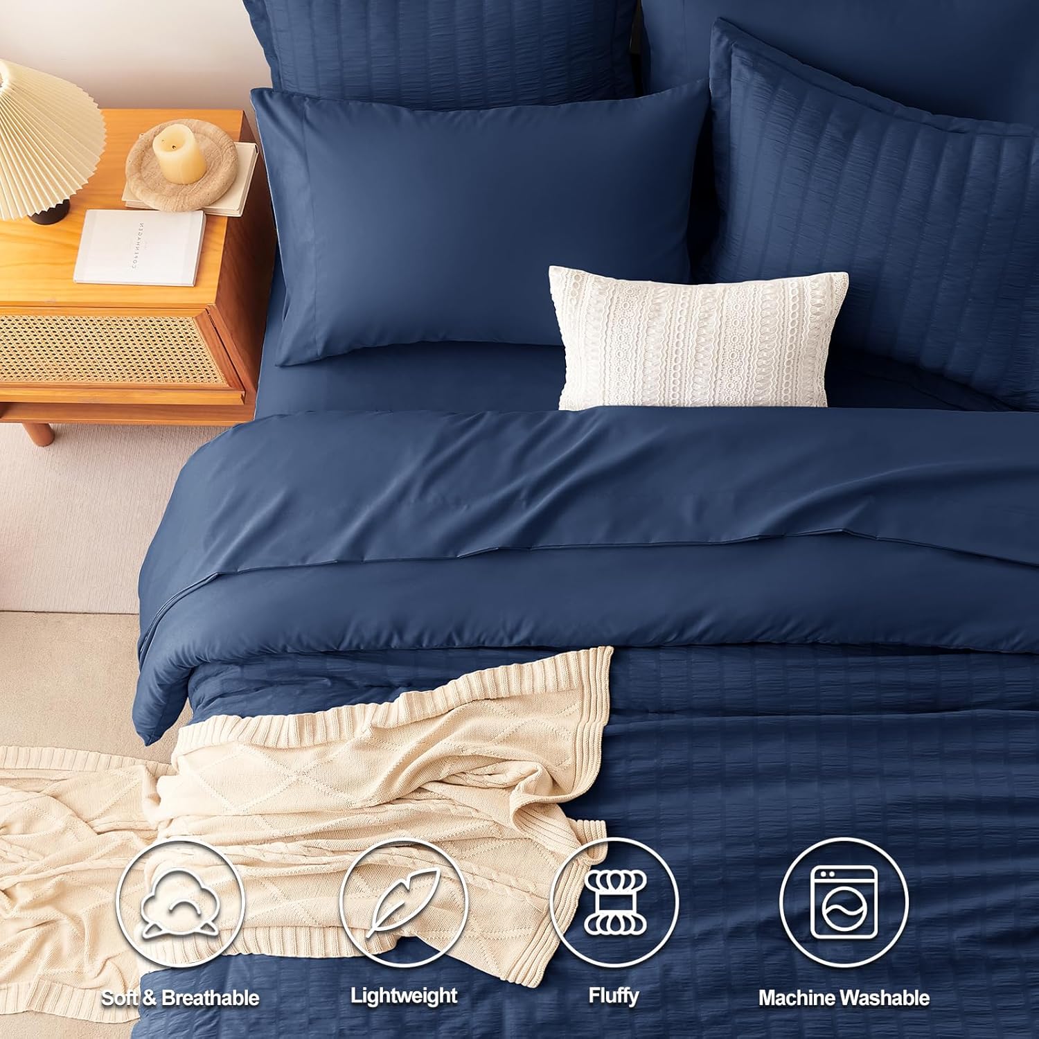 CozyLux Queen Comforter Set Navy Blue Seersucker 7 Pieces Bed in a Bag Queen Comforter Set with Sheets Luxury Soft Bedding Set with Down Alternative Comforter, Sheets, Pillowcases & Shams All Seasons - Image 2