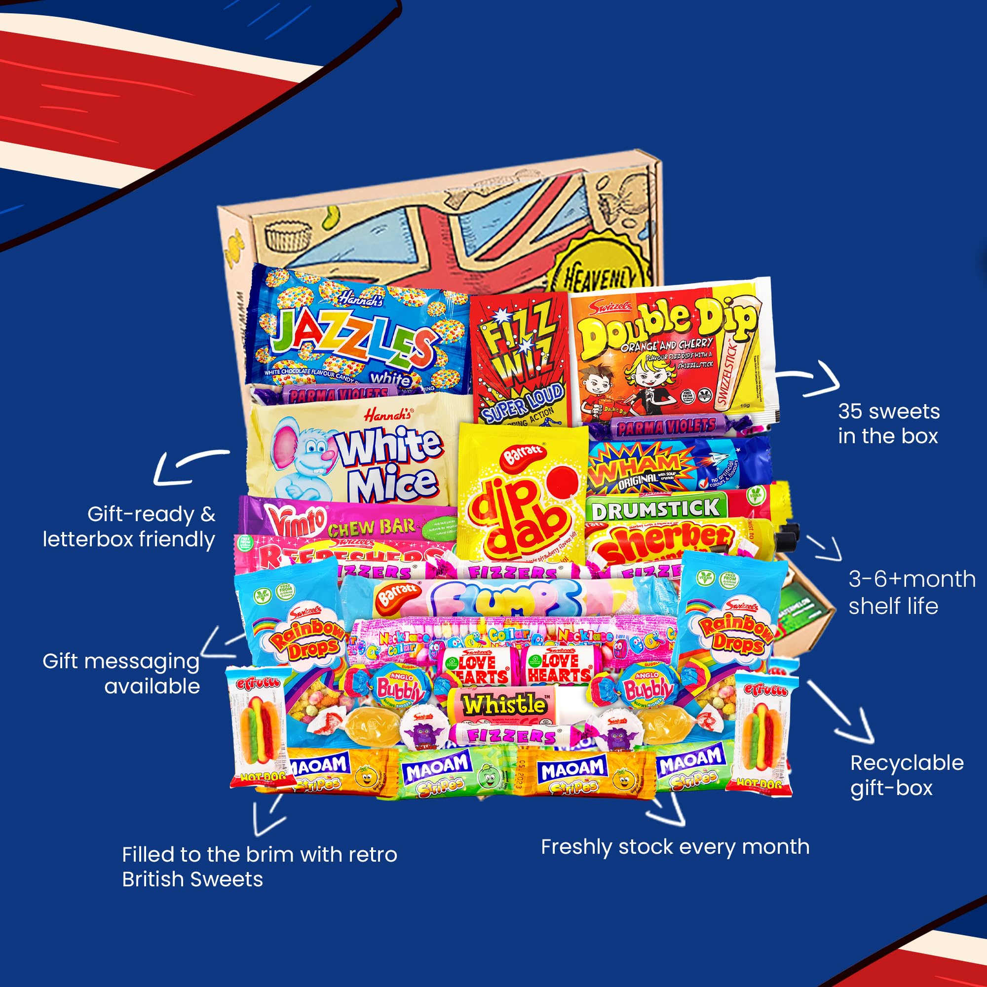 Heavenly Sweets | Caja de Dulces | Surtido para Fiestas | Cesta de Mix para Fiestas | Dulces Ingleses Británicos Retro | Cumpleaños, aniversarios, Dia Del Padre, Semana Santa, Día de la Madre