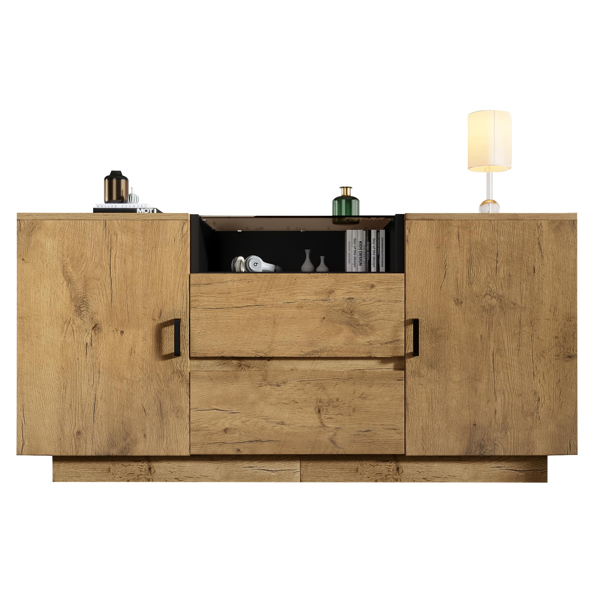 Eichenoptik Kommode Sideboard mit 2 Schubladen + 2 Schränken (innen höhenverstellbar) & offenem Fach - ESG-Glas & Schwarze Griffe, H70/B140/T40 cm Möbel: Schränke im Hauptwohnraum AB20052627A