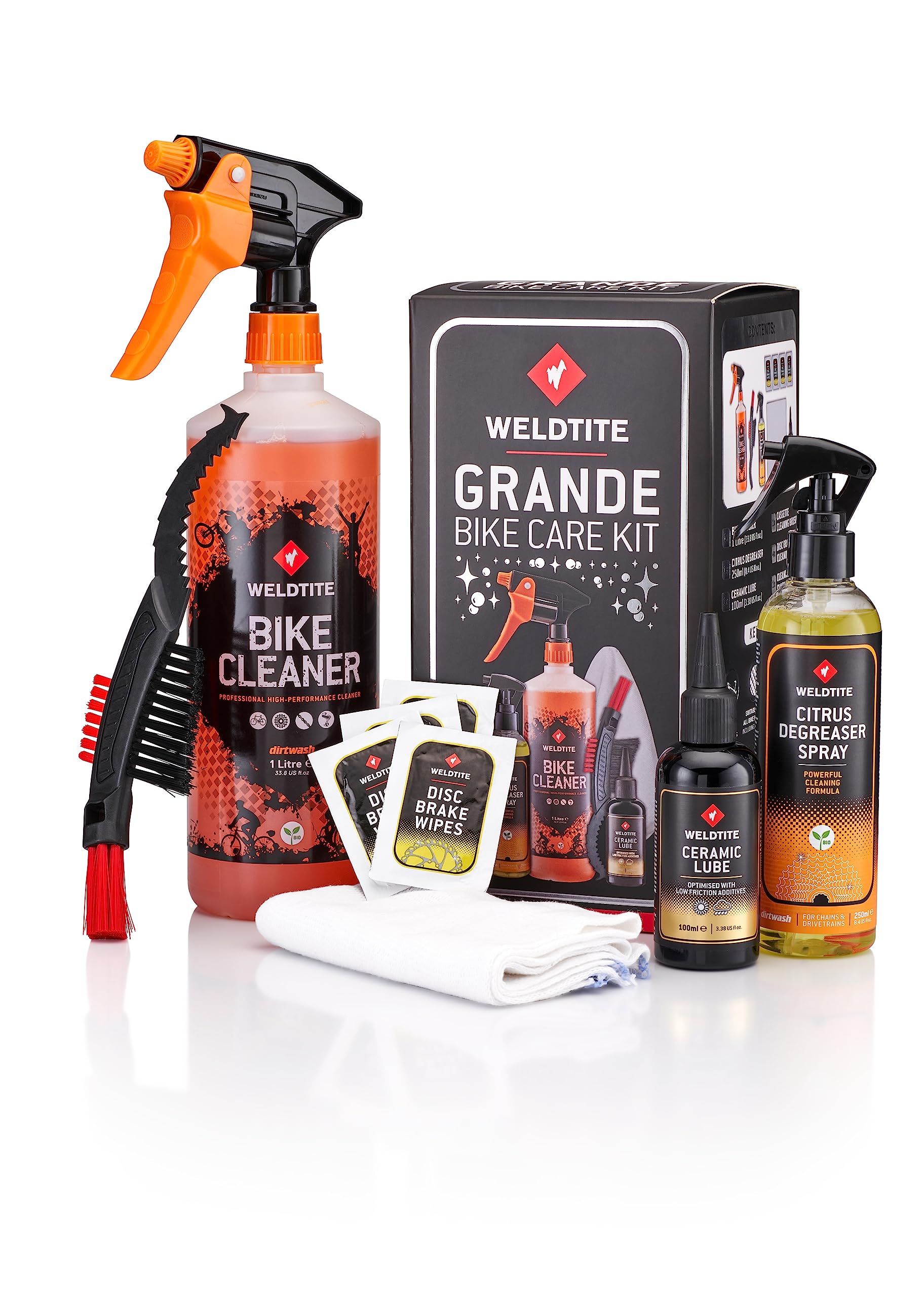 WELDTITE Kit de cuidado de bicicletas 6 en 1 Grande Kit completo de limpieza y mantenimiento con limpiador, desengrasante, lubricante, cepillos, toallitas y paño de limpieza