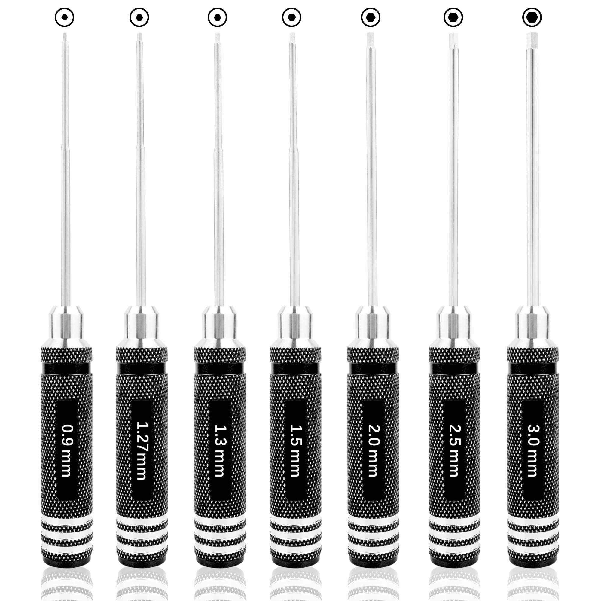 7 Pieces Hex Screw Driver Set 0.9mm 1.27mm 1.3mm 1.5mm 2.0mm 2.5mm 3.0mm Hex Screwdriver Kit RC Repair Tools for Traxxas RC Car Drone Multi-Axis Helicopter Arrma Axial Losi Redcat Racing (Black)