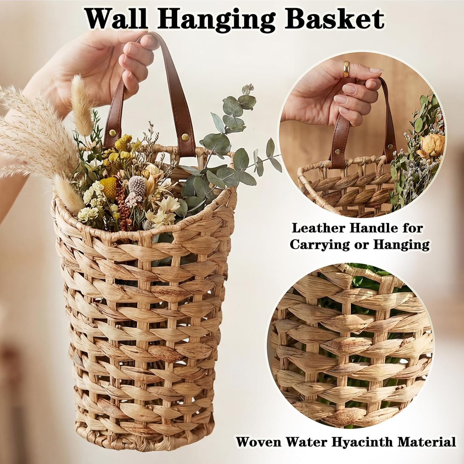 OwnMy Water Hyacinth Hanging Basket for Planters/Flowers, Decorative Front Door Basket, Indoor Outdoor Woven Hanging Wall Baskets for Garden Home Kitchen Farmhouse Decor