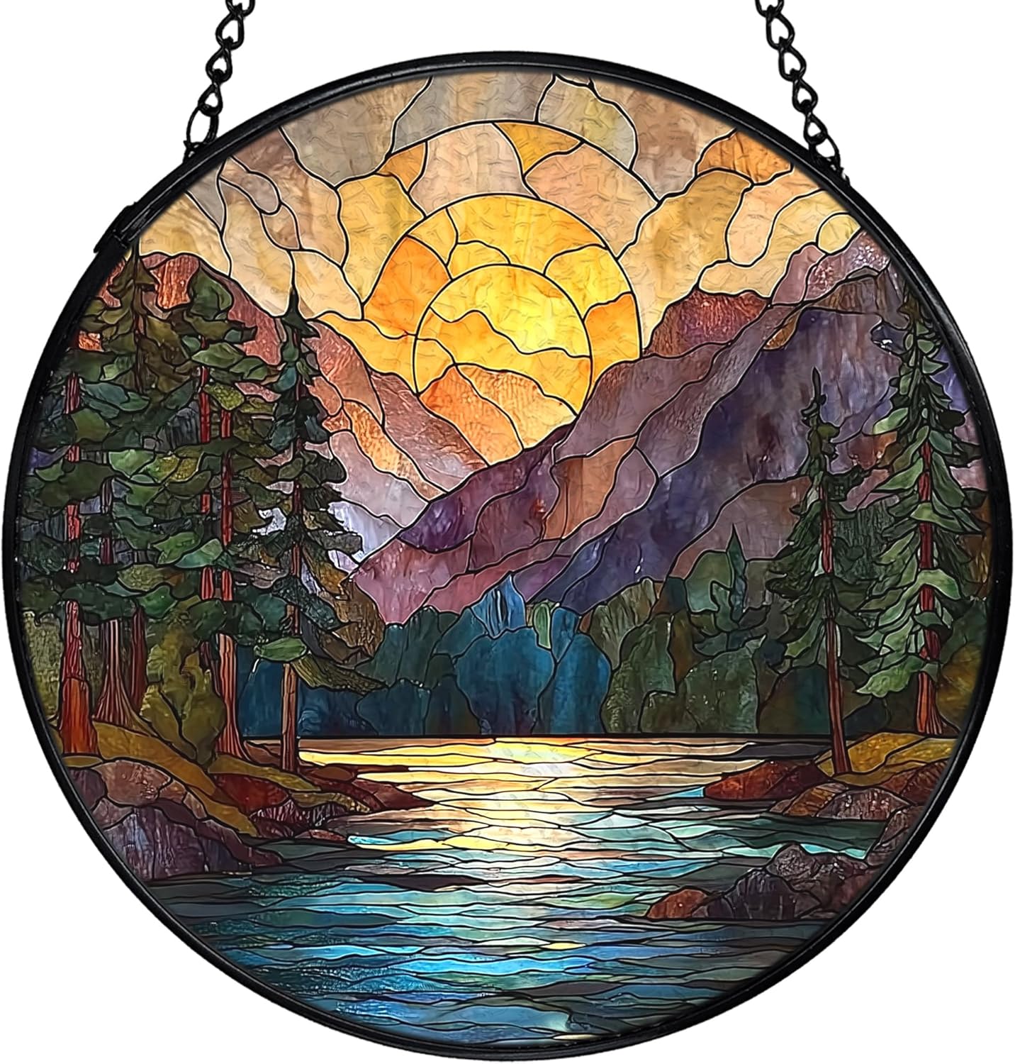Mountain Sunset Suncatcher Stained Glass Window Hanging, Nature Mountain Landscape Sun Catchers Indoor Window Glass Wall Art Decor, Nature Wall Hanging Decor, 7.9x7.9 Inch 044-MH-BLGH