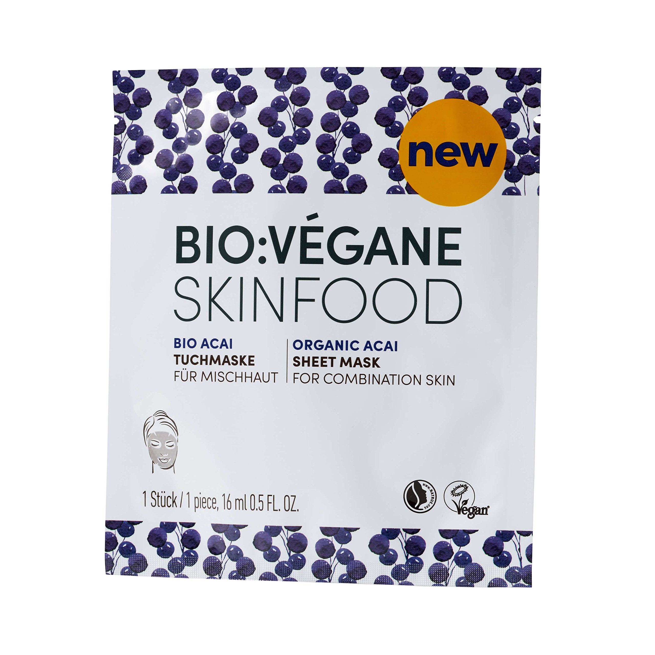 Bio: Végane Skinfood Natrue Certified Vegan Organic Acai Cloth Mask for Combination Skin, For Impure Skin, Refines The Skin, Matt with Complex, (1x16ml)