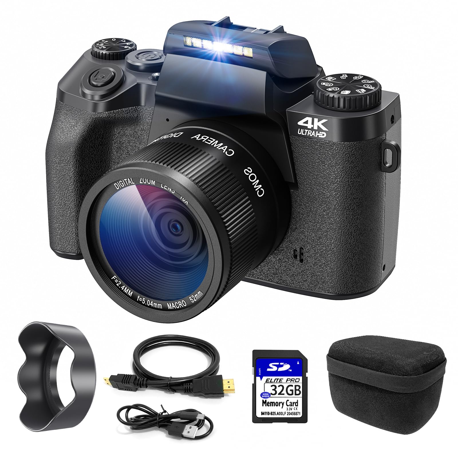 Fotocamera digitale 4K, CCN 64MP Fotocamera con schermo touchscreen da 3,0", fotocamera compatta con zoom digitale 16X e funzione WiFi, con cappuccio per borsa fotografica, scheda TF da 32 GB, nero