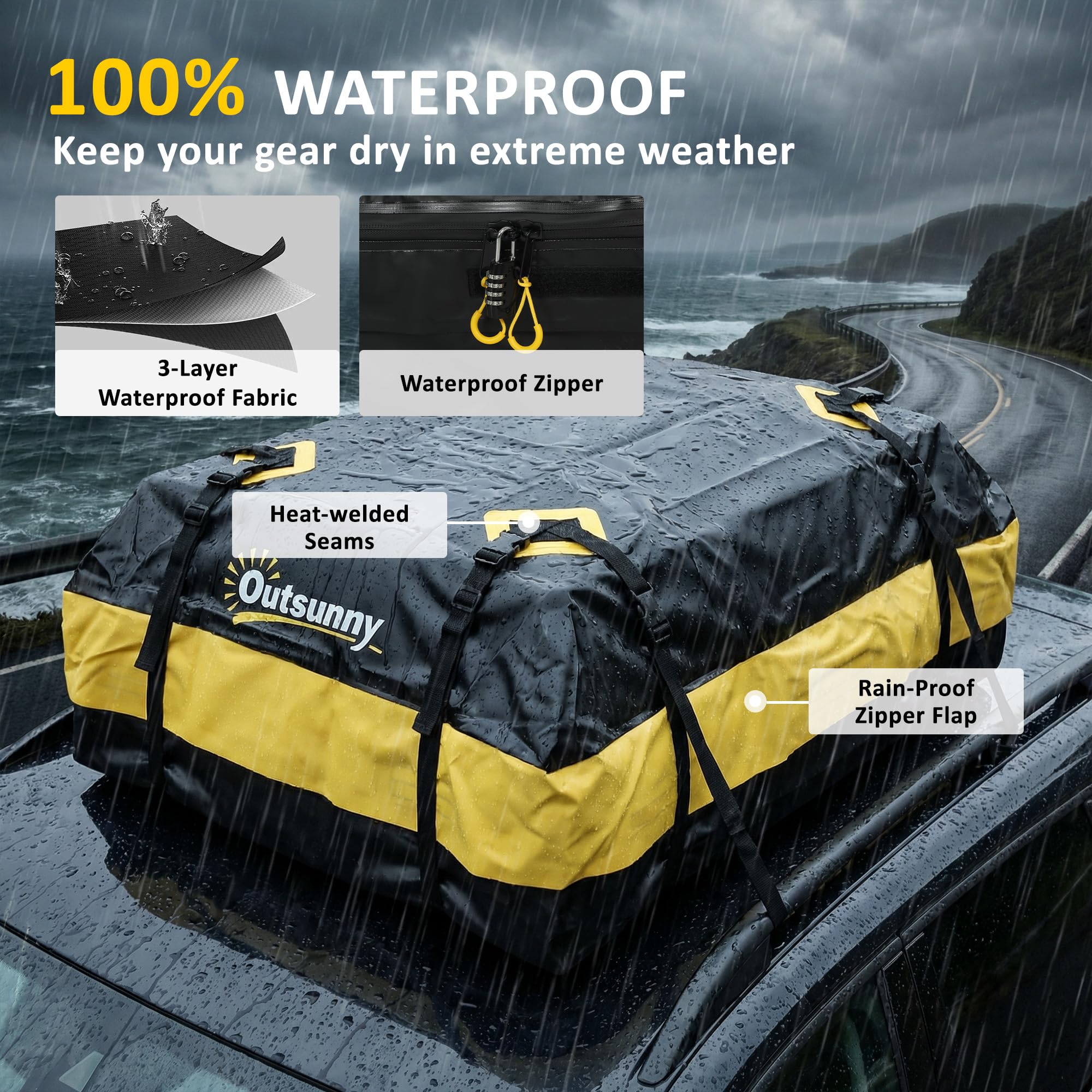 Outsunny Dachbox Auto 425L Wasserdicht 8 Verstärkte Gurte Türhaken Gelb | Dachgepäckträger Tasche, für alle Fahrzeugdächer mit/ohne Gepäckträger, Gepäckbox, Rutsch-Matte