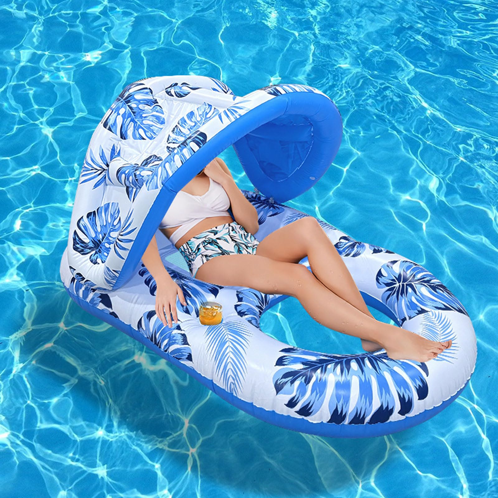 Hamaca Flotante para Piscina para Adultos 140 * 90cm,Colchoneta Piscina Hinchable con Capota Desmontable,Piscina Flotador de Agua con portavasos y reposapiés,para la Piscina Verano Playa