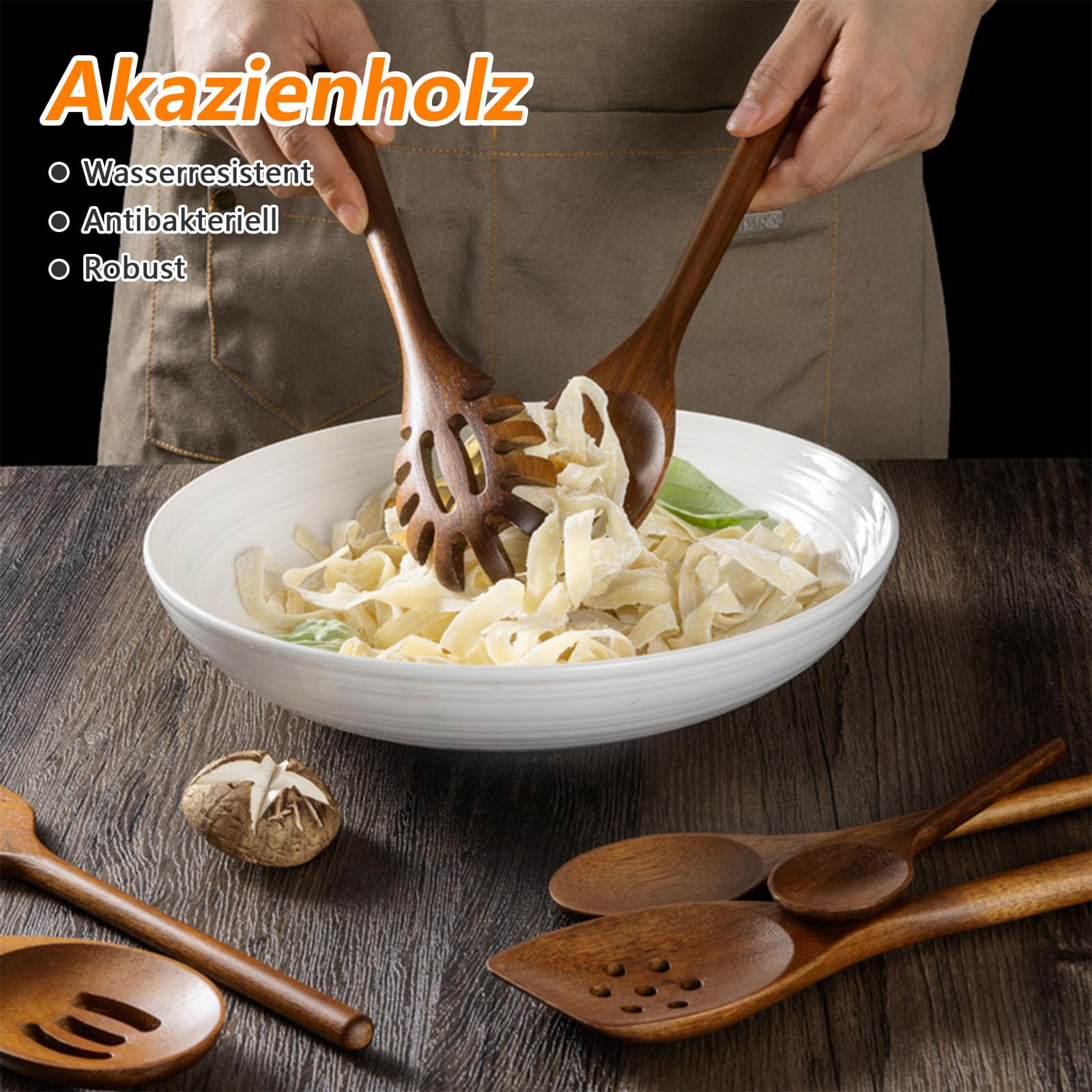 Kottwca Juego de cucharas de madera, juego de 8 piezas, cucharas de cocina de madera de acacia, resistentes y duraderas, cucharas de madera para sartenes antiadherentes