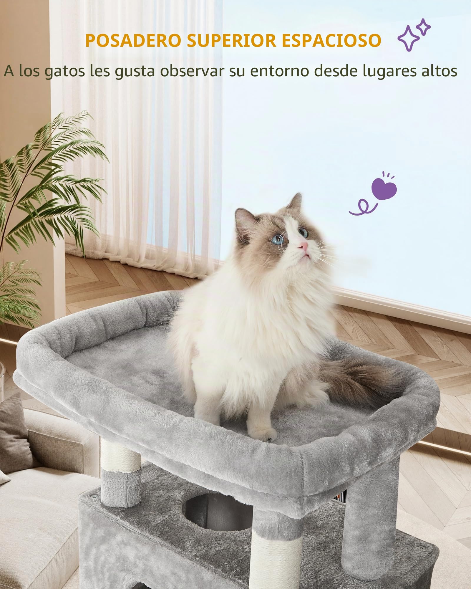 Hzuaneri 170cm Rascador para Gatos, Árbol para Gatos, 2 Cuevas, Plataforma, 1 Hamaca, 1 Cesta, 3 Pompones, L(50 x 40 x 170 cm), Gris Claro MS17018LG
