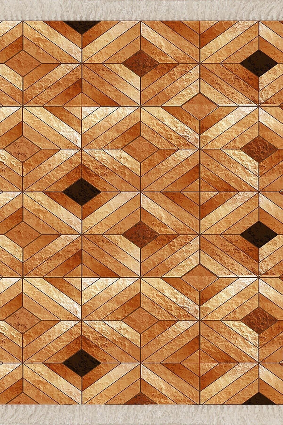 Pelangi Geometrik Desenli Karo Motif Dijital Baskı Yıkanabilir Kaymaz Taban Modern Salon Halısı Turuncu, Turuncu 160 x 230