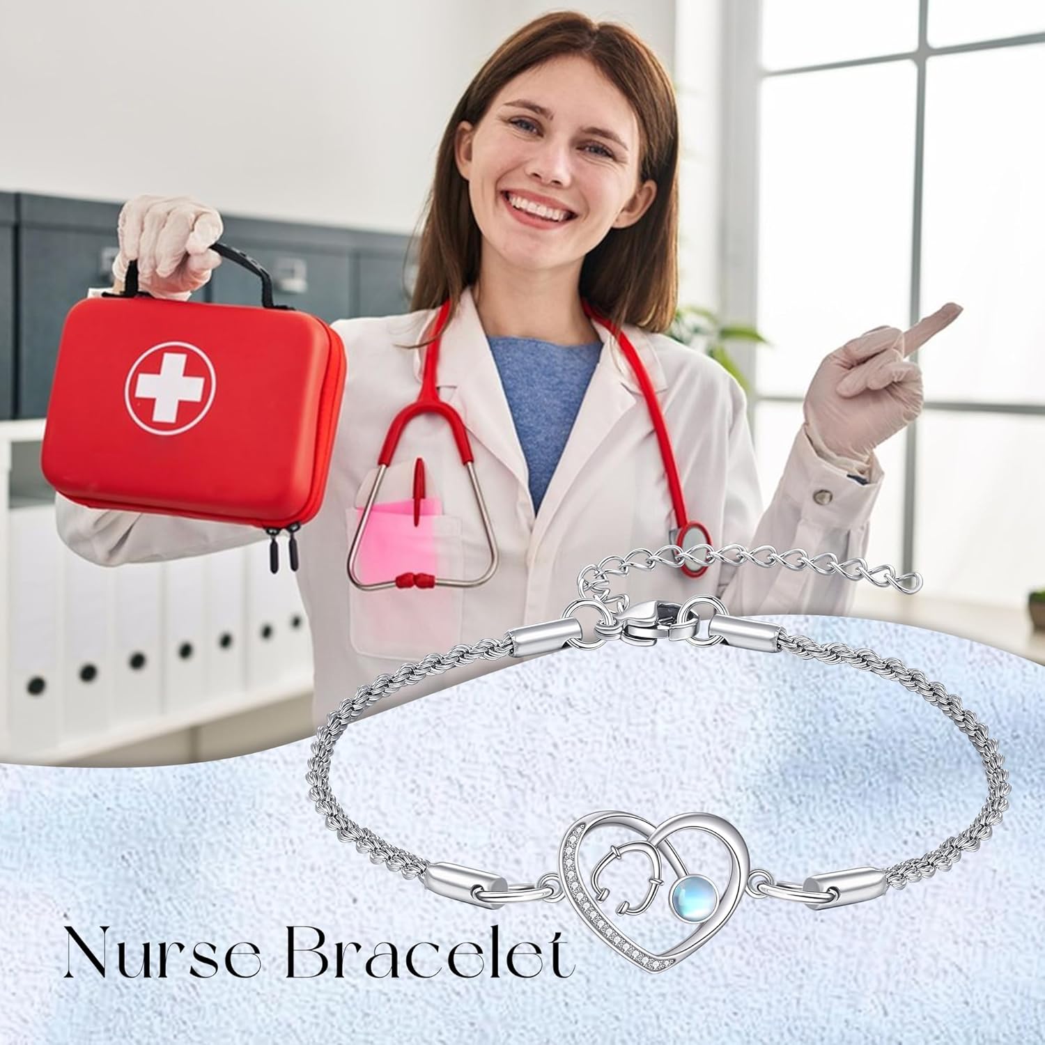 Nurse Gifts for Nurses 925 Sterling Silver Stethoscope Moonstone Bracelet RN Nurse Appreciation Jewelry Gift for Women Medical