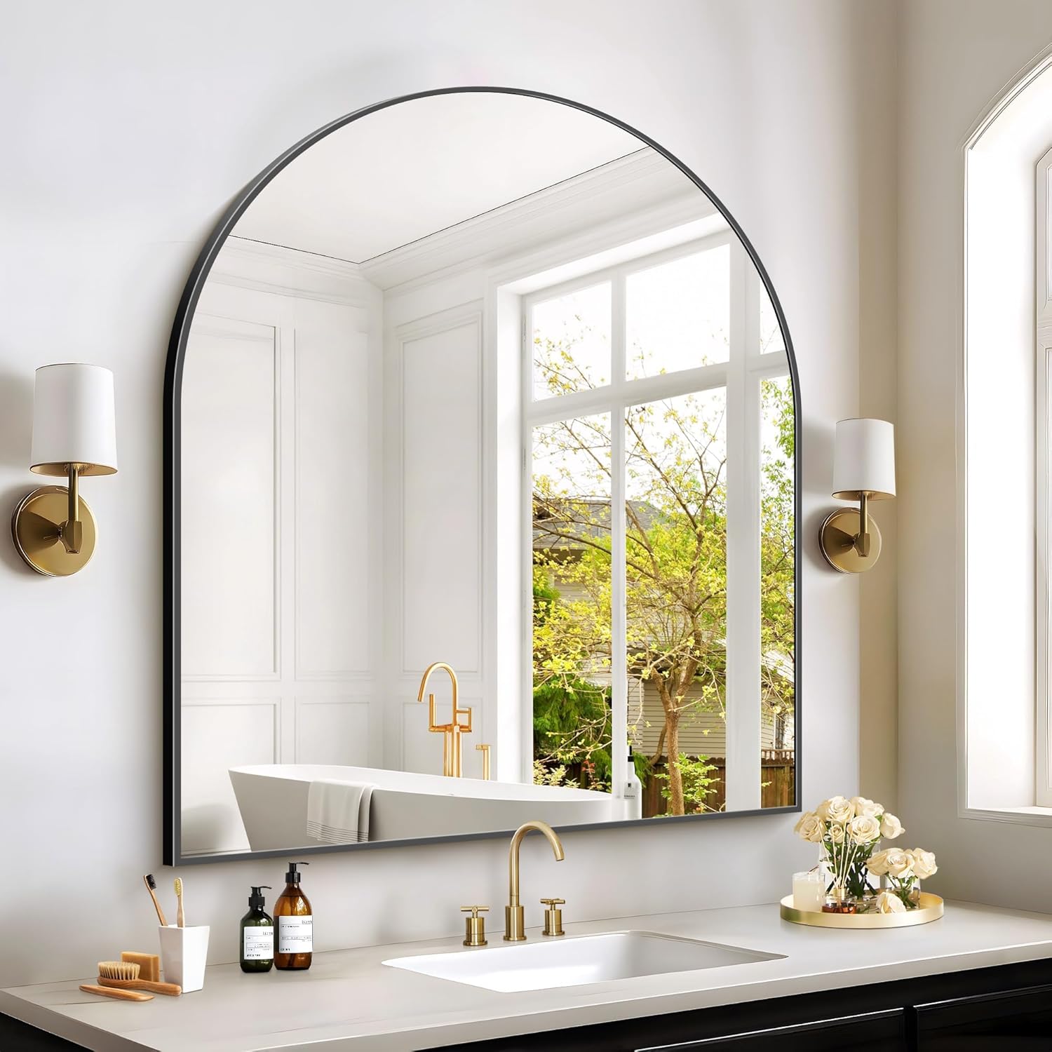 Black Arch Mirror, 36”x40” Black Mirror for Bathroom, Wide Arched Bathroom Mirror with Metal Wall Mounted Mirror for Bedroom Living Room Entryway Modern