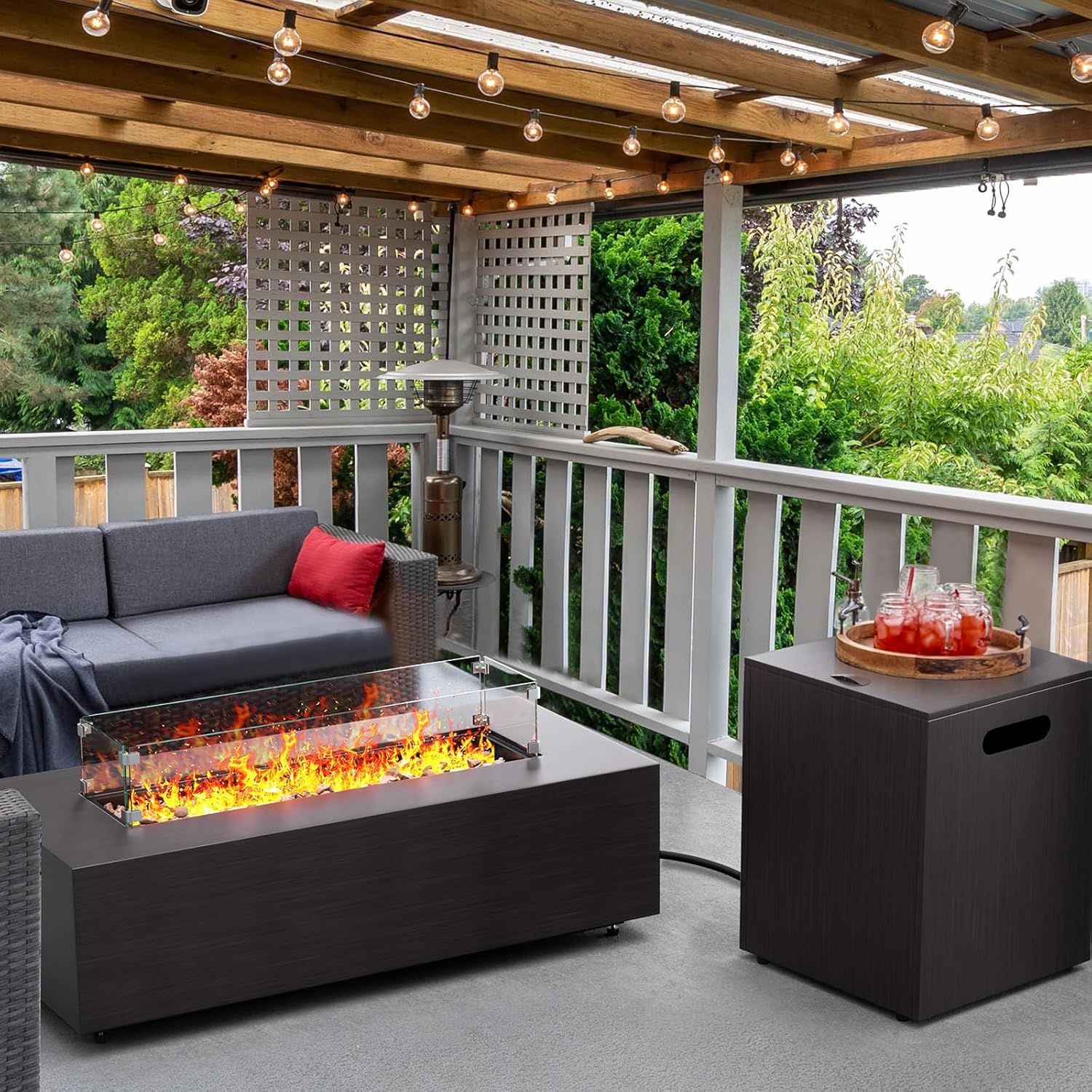 Jocoevol 42” Rectangular Fire Pit Tables 2-Piece 50,000 BTU Outdoor Propane Gas Fire Pit with Wind Guard, Waterproof Cover, Lava Rocks for Outside Patio Backyard