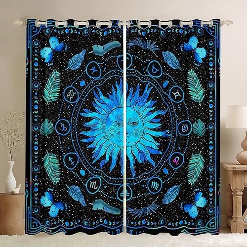 Erosebridal Cortinas opacas de sol y luna con purpurina y estrellas, cortinas y cortinas hippie del zodiaco, 104 pulgadas de ancho x 63 pulgadas de