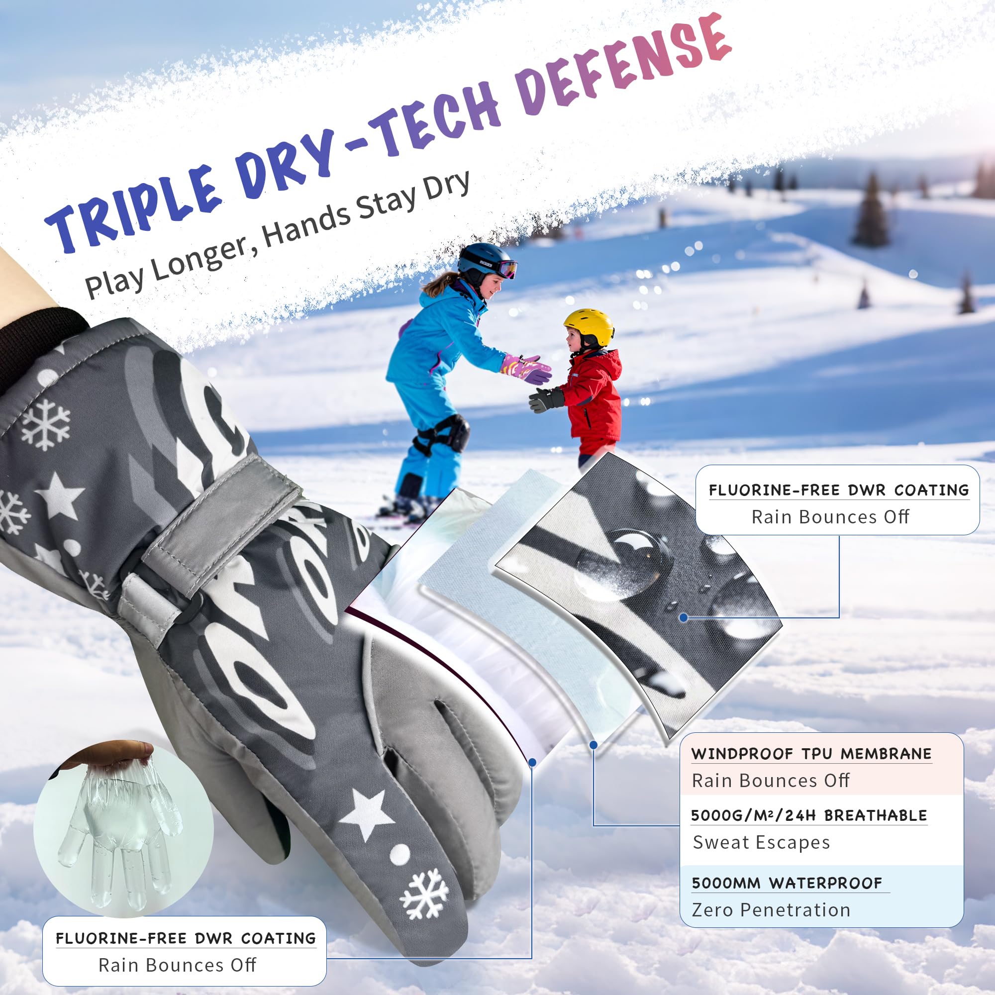 Origem Guanti Neve Invernali Bambino Bambina, 3M Thinsulate Impermeabili Guanti Sci Termici con Touchscreen a 5 Dita Riflettenti Antiscivolo per Bambini 4-14 anni Snowboard Sciare Calcio Bici