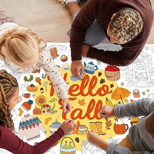 Miniatura 5 de ZOIIWA Póster para colorear con texto en inglés Hello Fall, póster de dibujo gigante con diseño de calabaza otoñal, mantel grande para colorear con