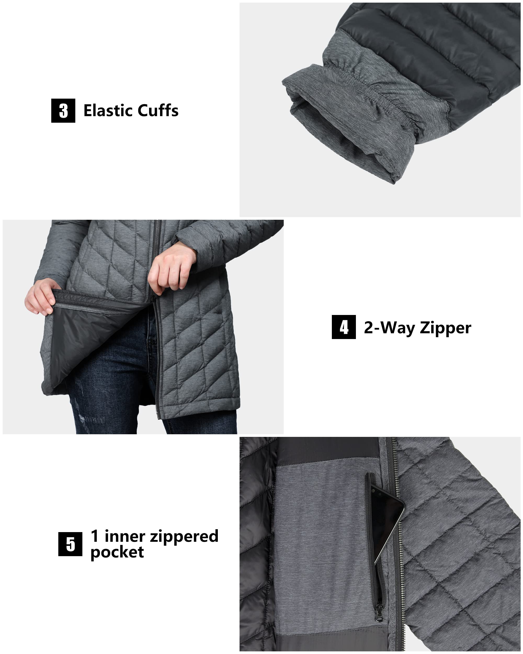 Outdoor Ventures Piumino invernale da donna con cappuccio, ultra leggero, caldo, lungo, Grigio scuro mélange (opaco) - media lunghezza media 81,3 cm, L