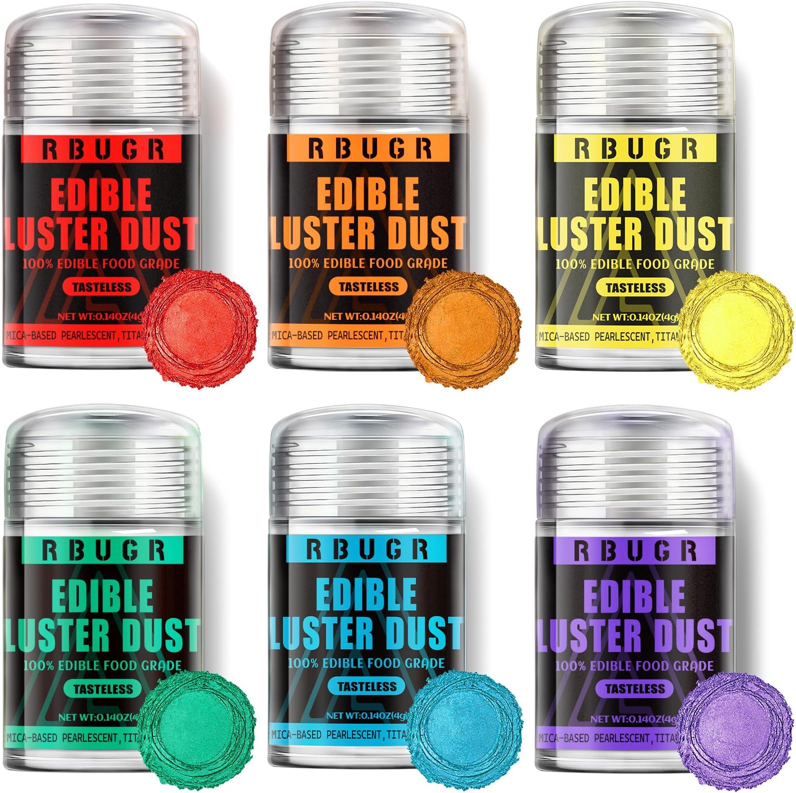 RBUGR Edible Glitter Set, 6 Colors Edible Luster Dust, Food Grade Drink Glitter Edible Dust, Sprinkles Cocktail Glitter, Shimmering Powder Glitter for Fondant, Candy, Vegan Cake Decorating(4g/0.14oz)