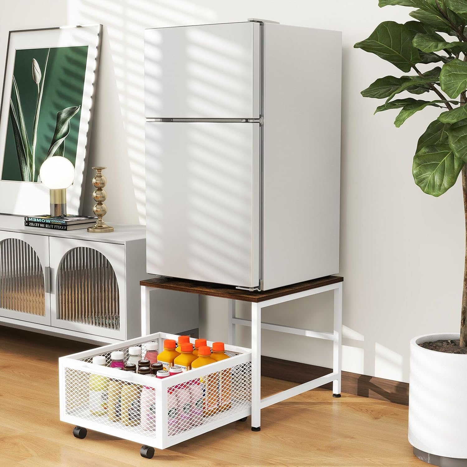 Mini Fridge Stand with Storage, Mini Refrigerator Table with Rolling Cabinet Cart with Wheels, Heavy Duty Fridge Cart Table Shelf for Dorm, Home, Office,Bedroom, White&Brown