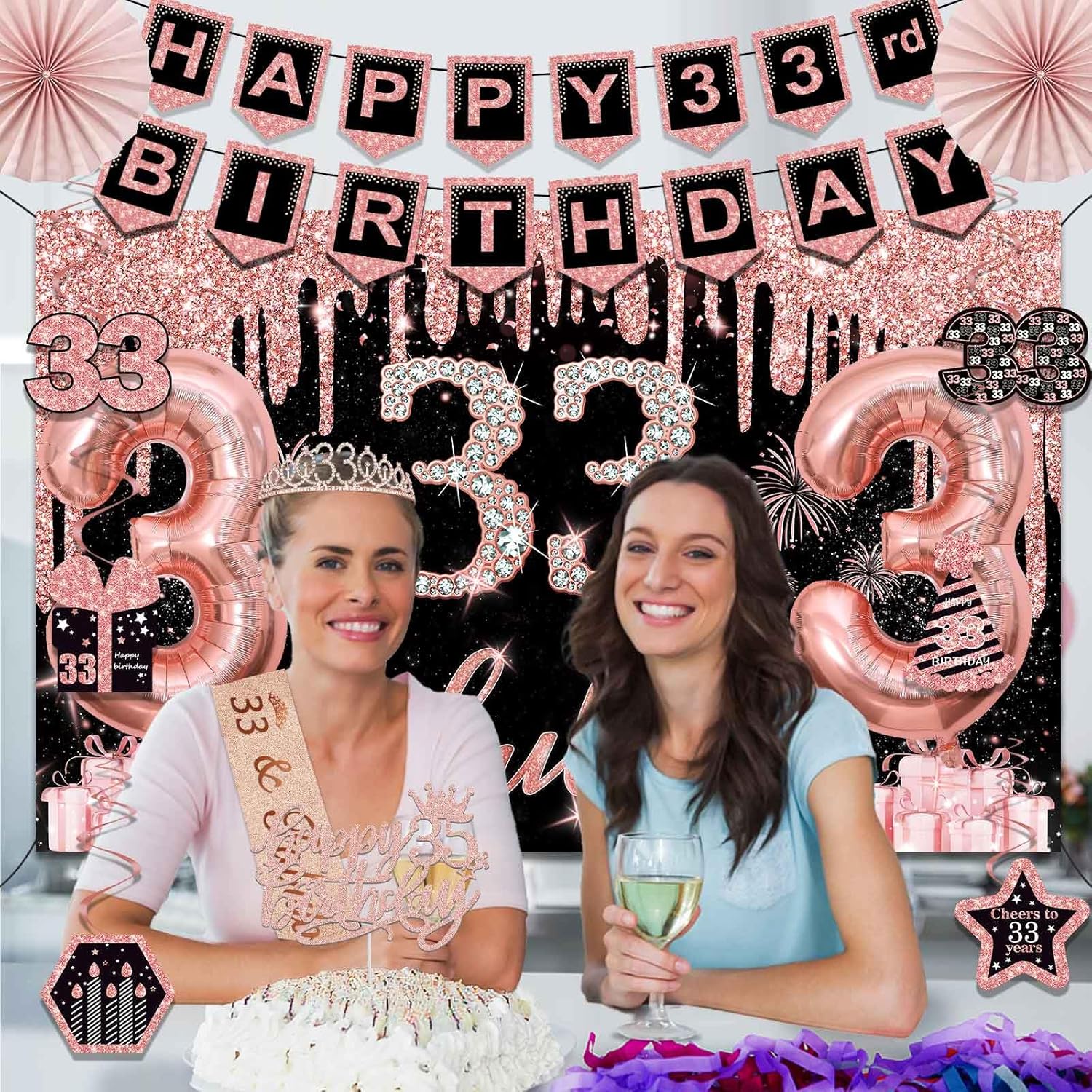 33rd Birthday Decorations for Women,32PCS 33rd Birthday Party Decorations,Including Backdrop, Crown, Sash, banner, Hanging Swirl,balloons,Cake Topper,Paper Fans and Anniversary Card - Image 4